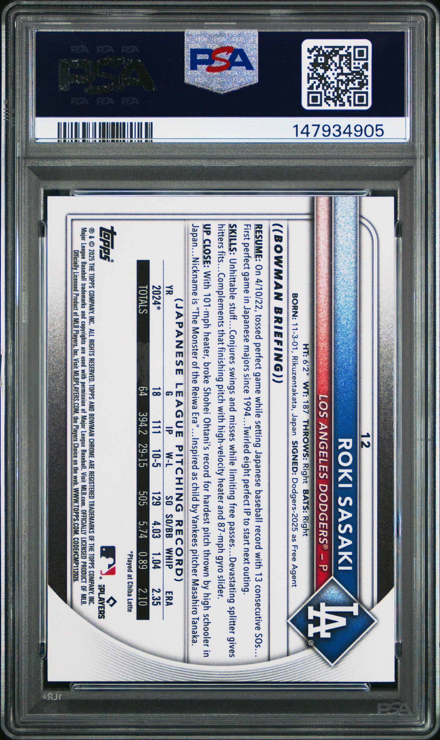 Graded 2025 Topps Bowman Chrome Roki Sasaki #12 Rookie RC Baseball Card PSA 9 Mint
