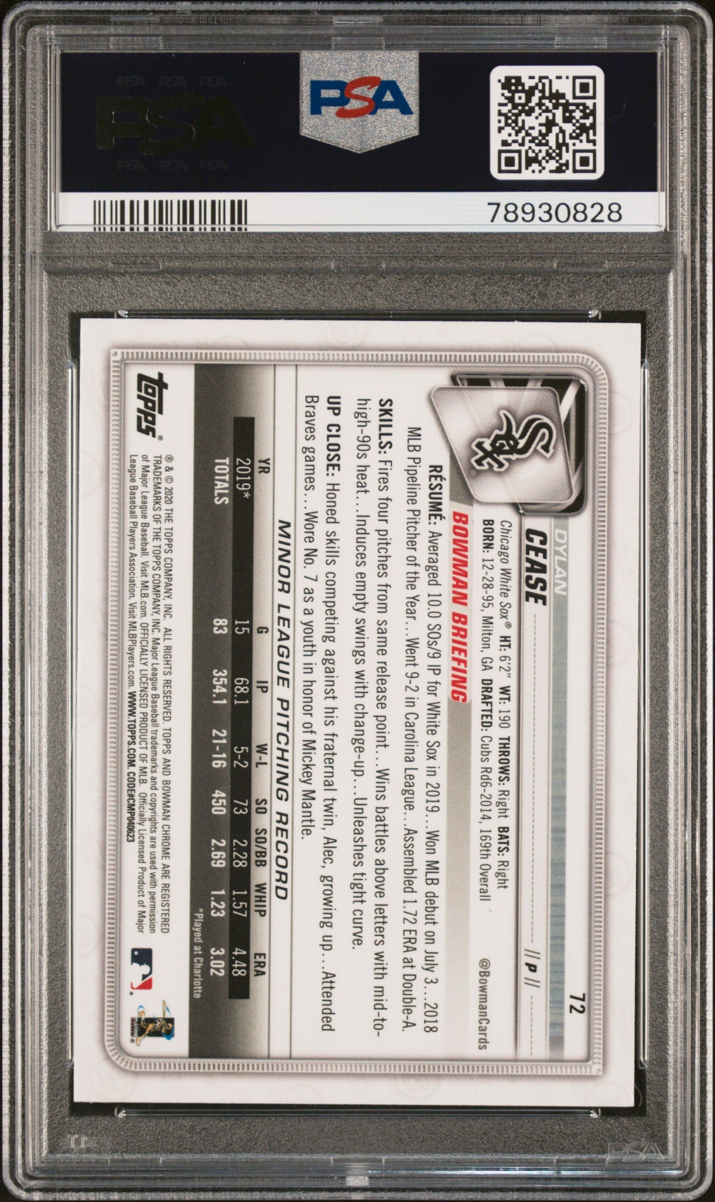 Graded 2020 Topps Bowman Chrome Dylan Cease #72 Rookie RC Baseball Card PSA 10 Gem Mint