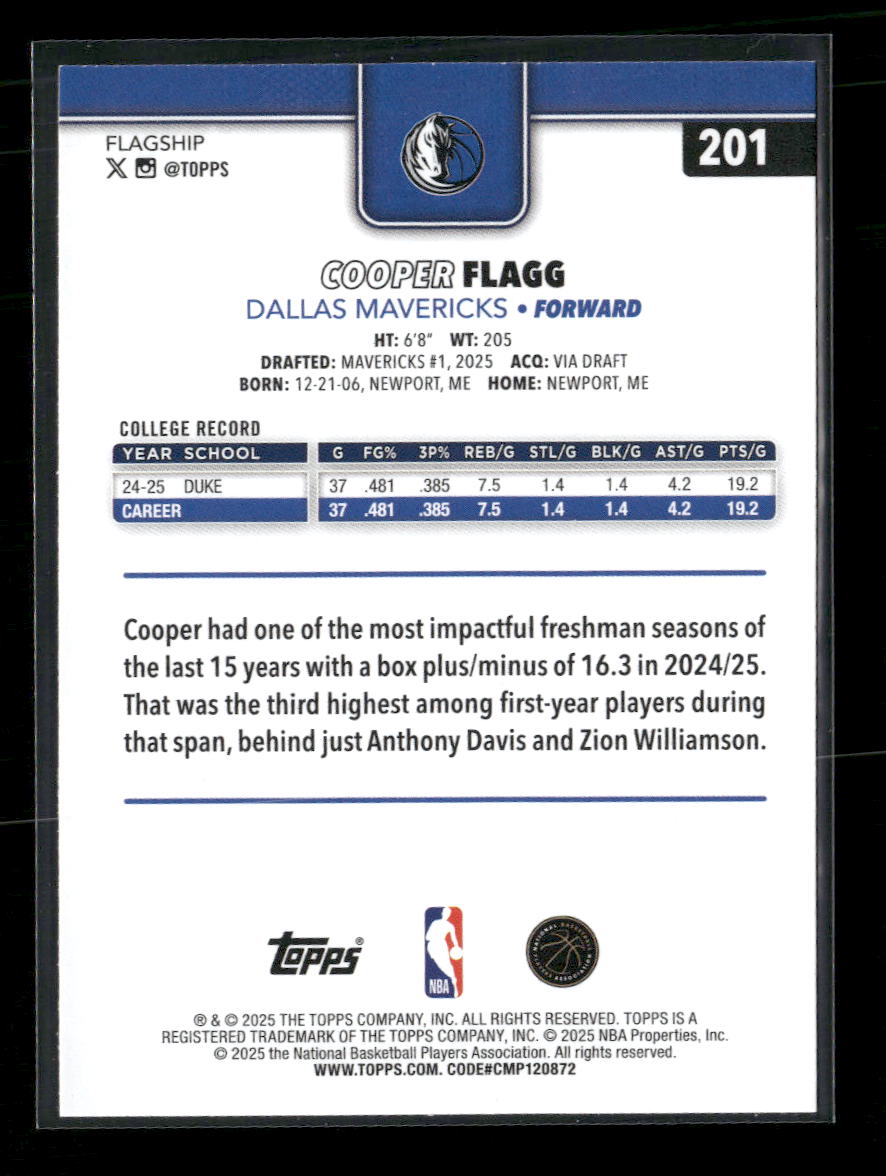 2025-26 Topps Cooper Flagg Rookie #201 - Golden Apple Comics