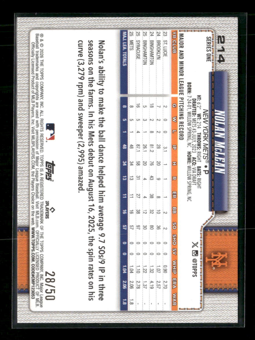 2026 Topps Gold Holo Foil Nolan McLean #/50 #214 - Golden Apple Comics