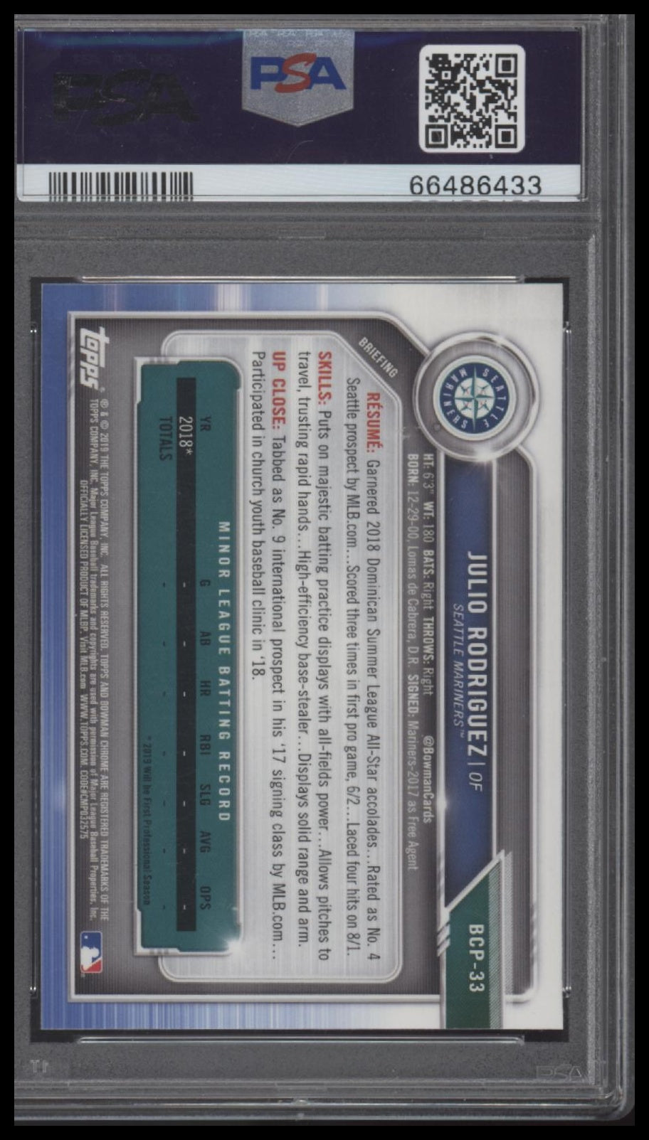 2019 Bowman Prospects Chrome Prospects Chrome Julio Rodriguez 10 PSA #33 - Golden Apple Comics