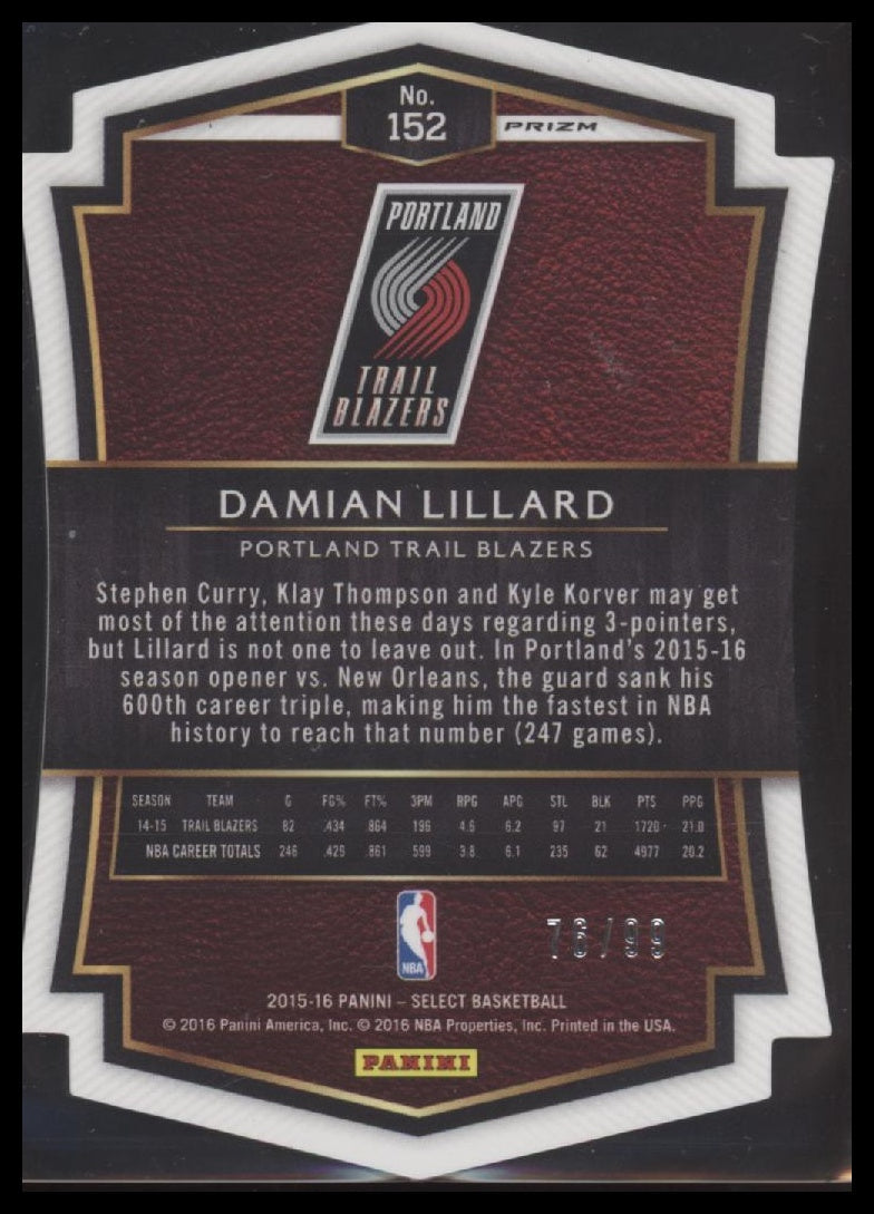 2015-16 Panini Select Premier Level Purple Prizm Die Cut Damian Lillard #/99 - Golden Apple Comics