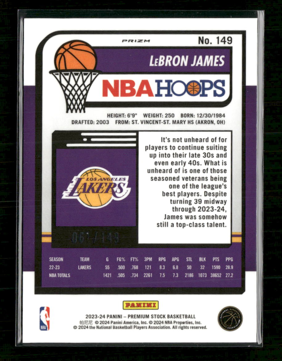 2023-24 Hoops Premium Stock Purple Ice Prizm LeBron James #/149 #149 - Golden Apple Comics
