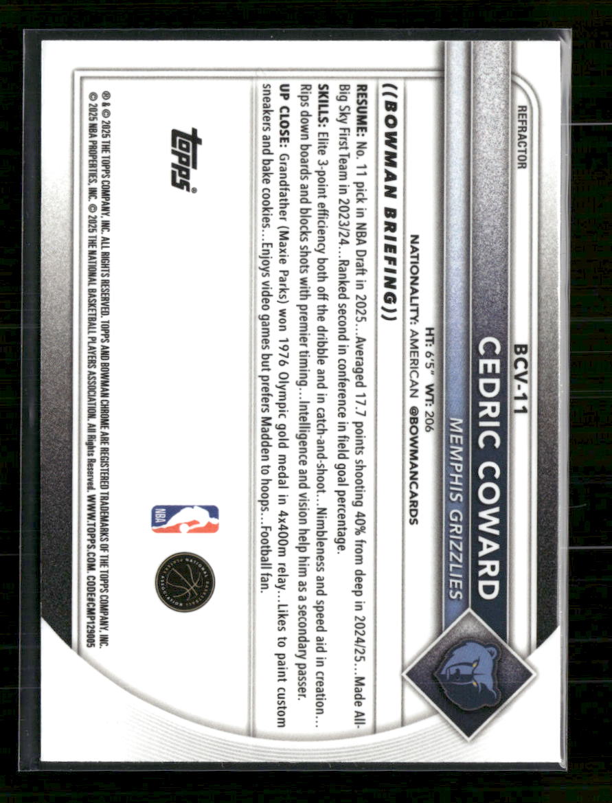 2025-26 Bowman Chrome Refractor Cedric Coward #/499 #BCV-11 - Golden Apple Comics