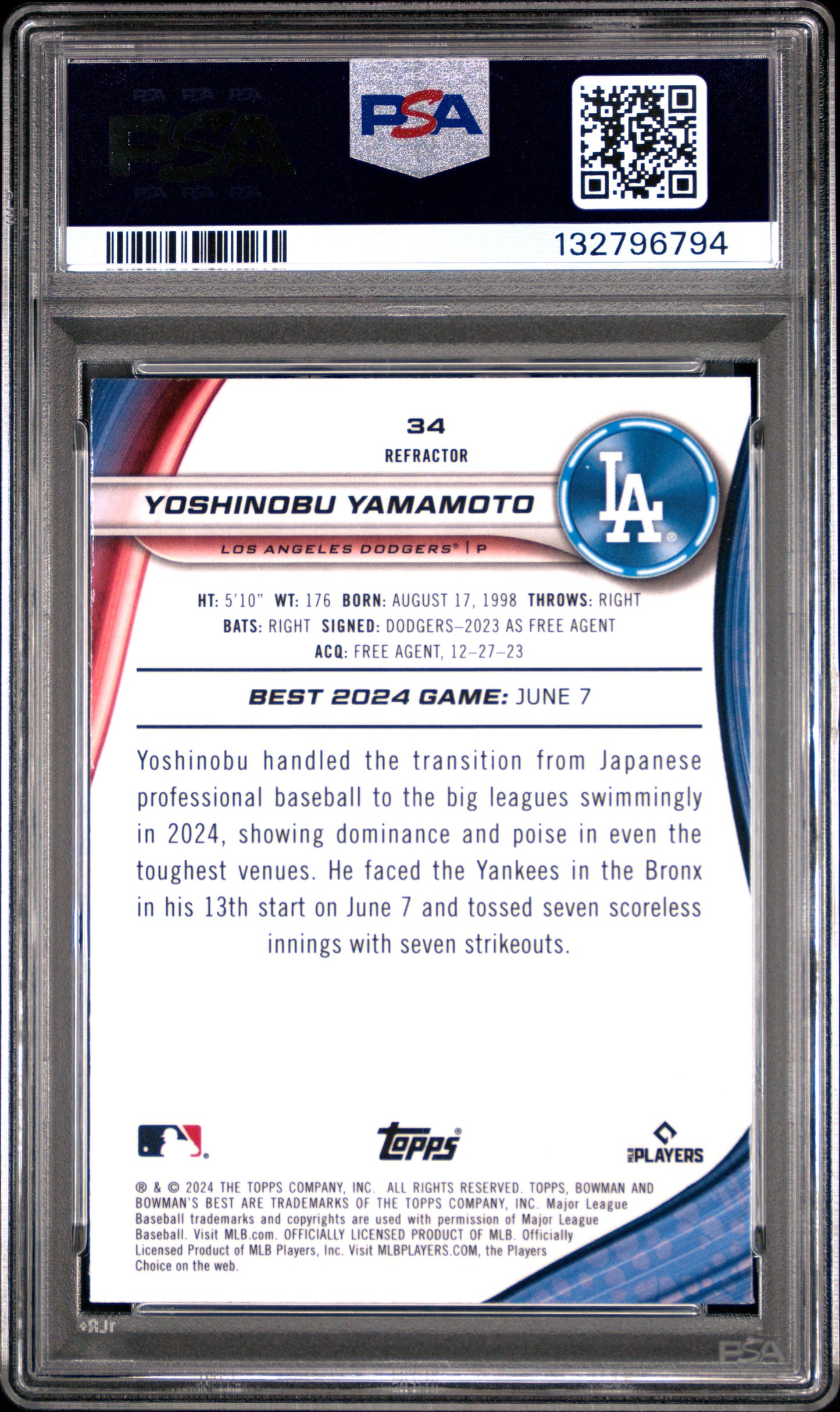 2024 Bowman'S Best Refractor Yoshinobu Yamamoto 10 PSA #34 - Golden Apple Comics