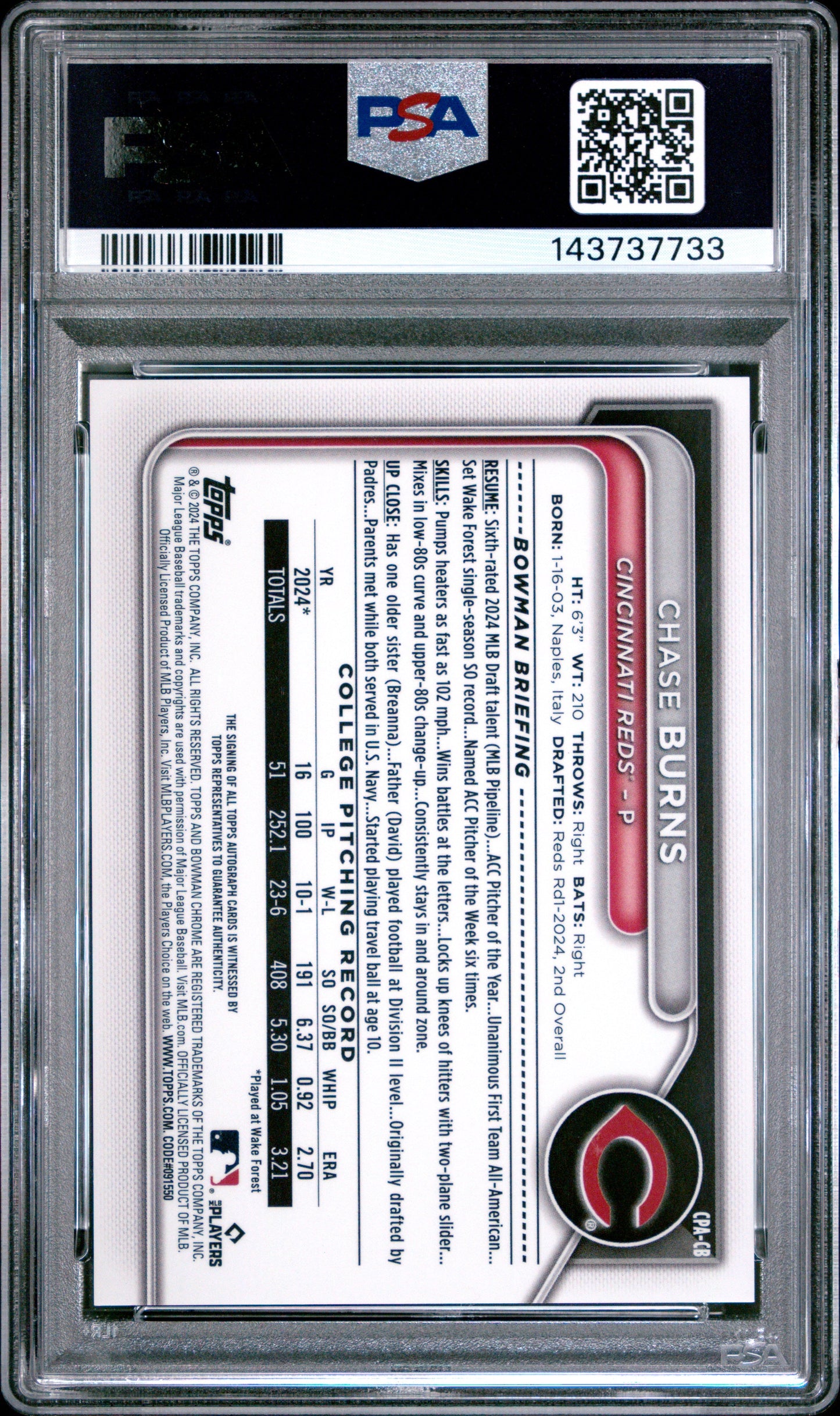 2024 Bowman Draft Chrome Prospect Autographs Chase Burns 9 PSA #CPACB - Golden Apple Comics