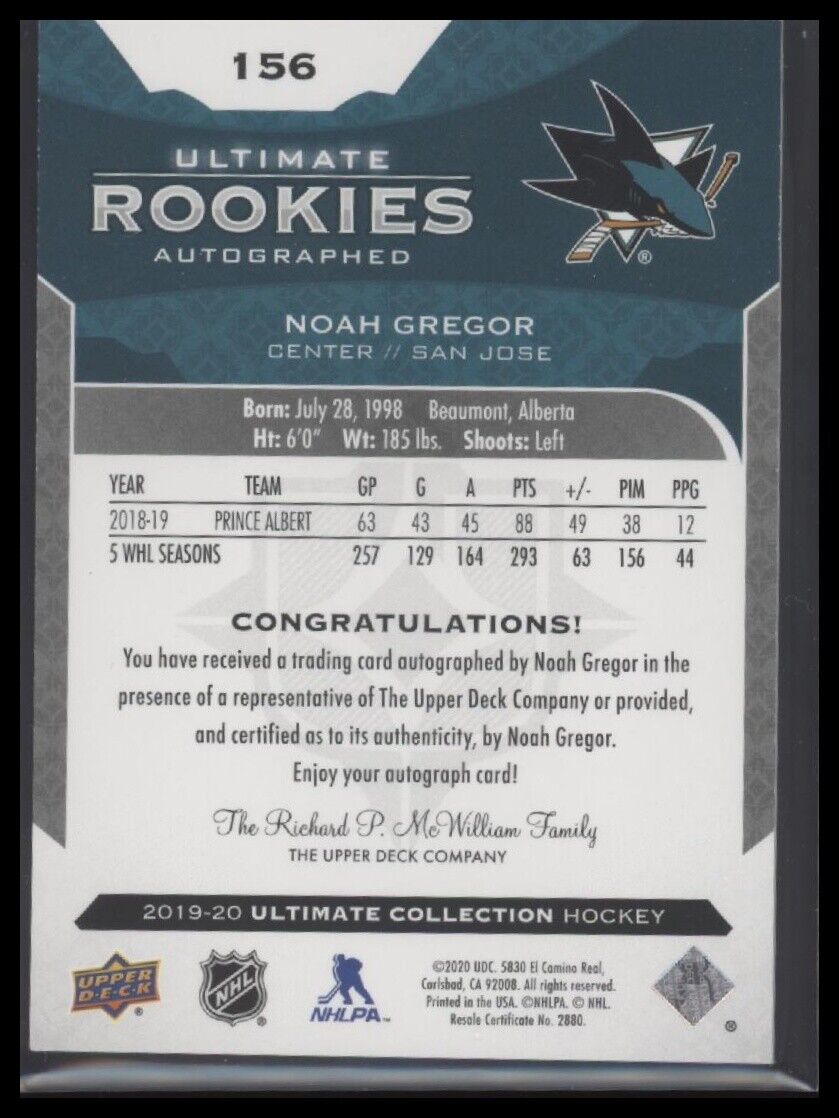 2019-20 Upper Deck Ultimate Collection #156 Noah Gregor #/299