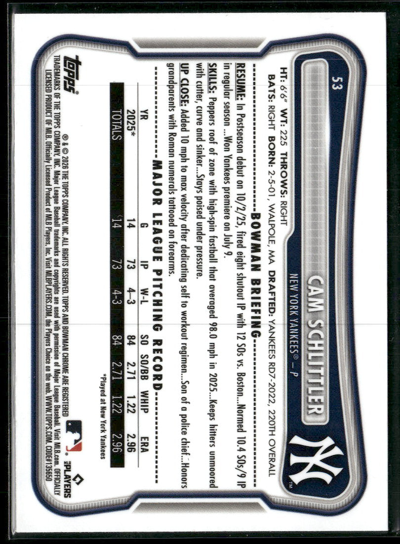 2026 Bowman Rookie Red RC Logo Cam Schlittler Rookie #53