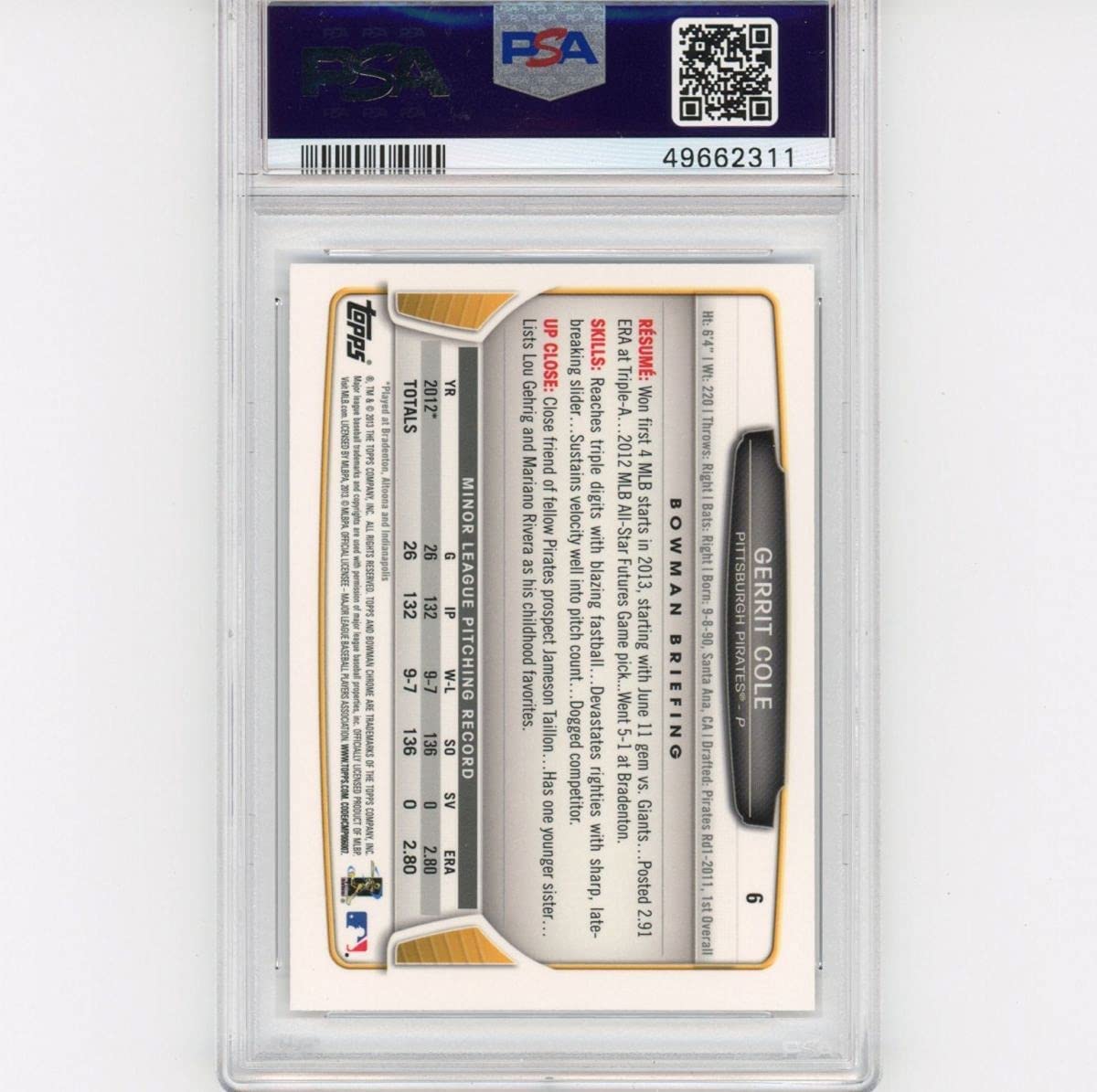 Graded 2013 Bowman Draft Picks & Prospects Chrome Gerrit Cole #6 Rookie RC Baseball Card PSA 10 Gem Mint