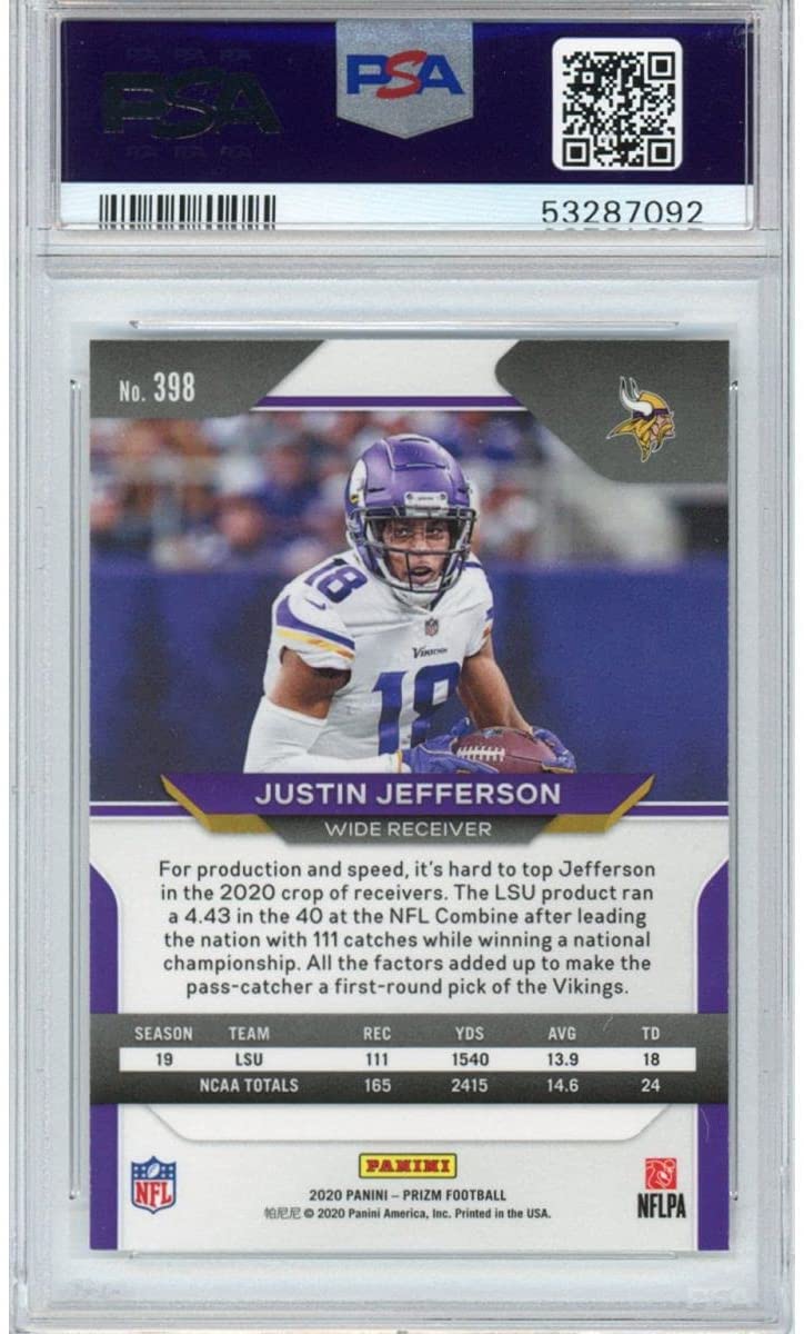 Graded 2020 Panini Prizm Justin Jefferson #398 Rookie RC Football Card PSA 10 Gem Mint
