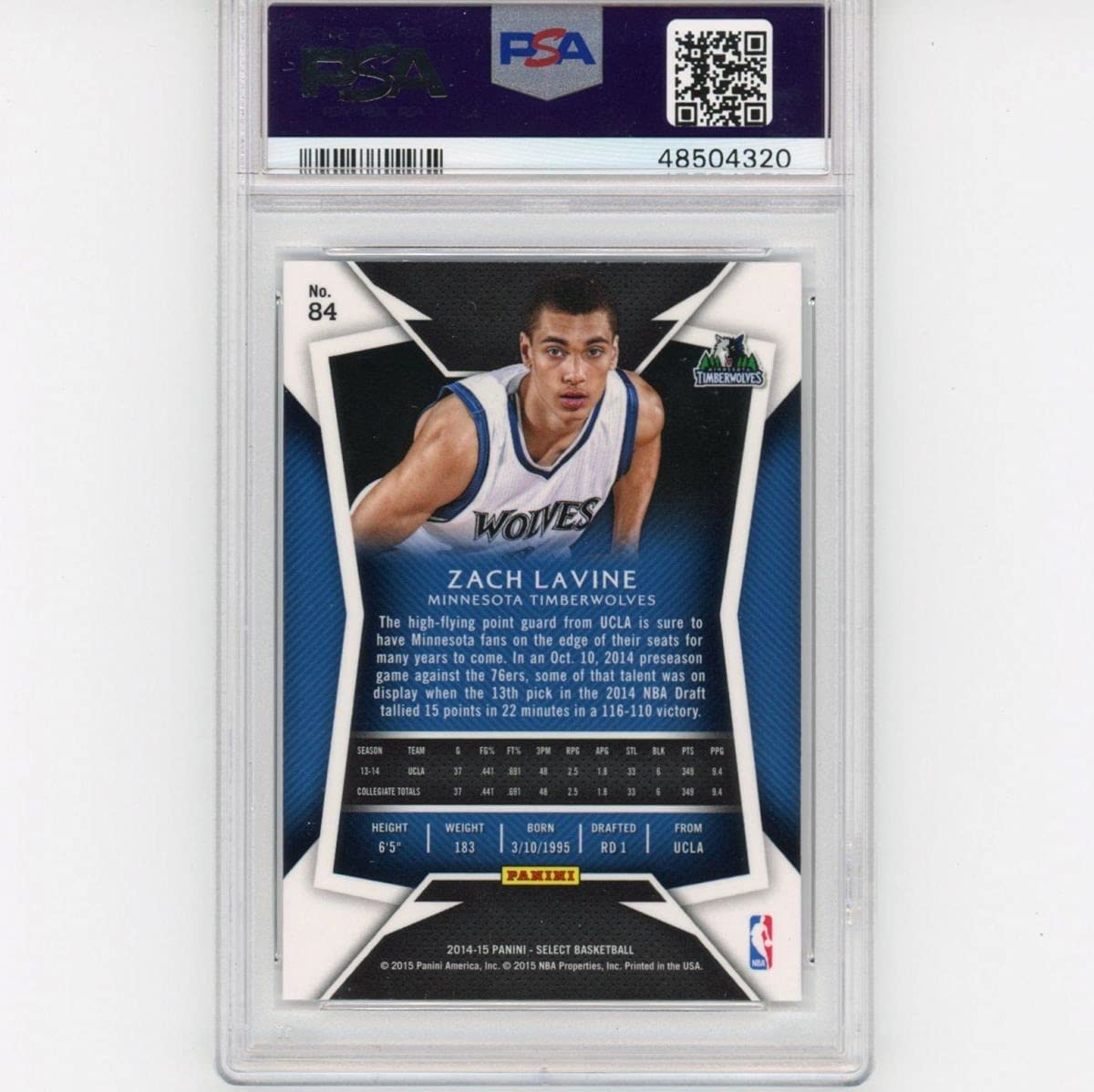 Graded 2014-15 Panini Select Zach LaVine #84 Rookie RC Basketball Card PSA 10 Gem Mint