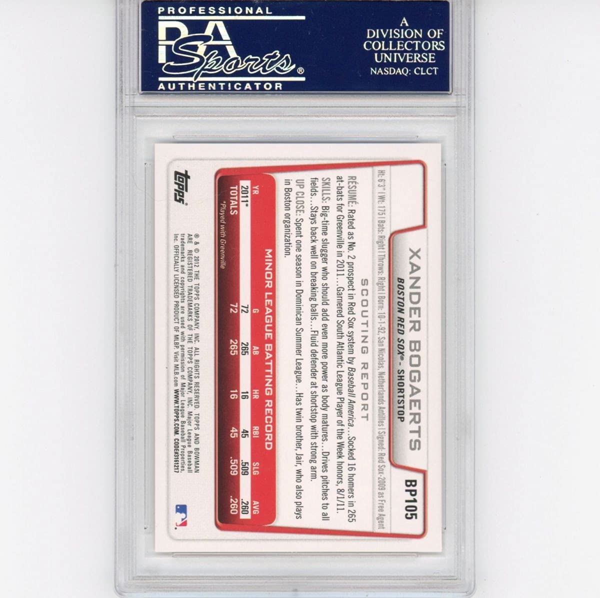 Graded 2012 Bowman Prospects Xander Bogaerts #BP105 Rookie RC Baseball Card PSA 10 Gem Mint