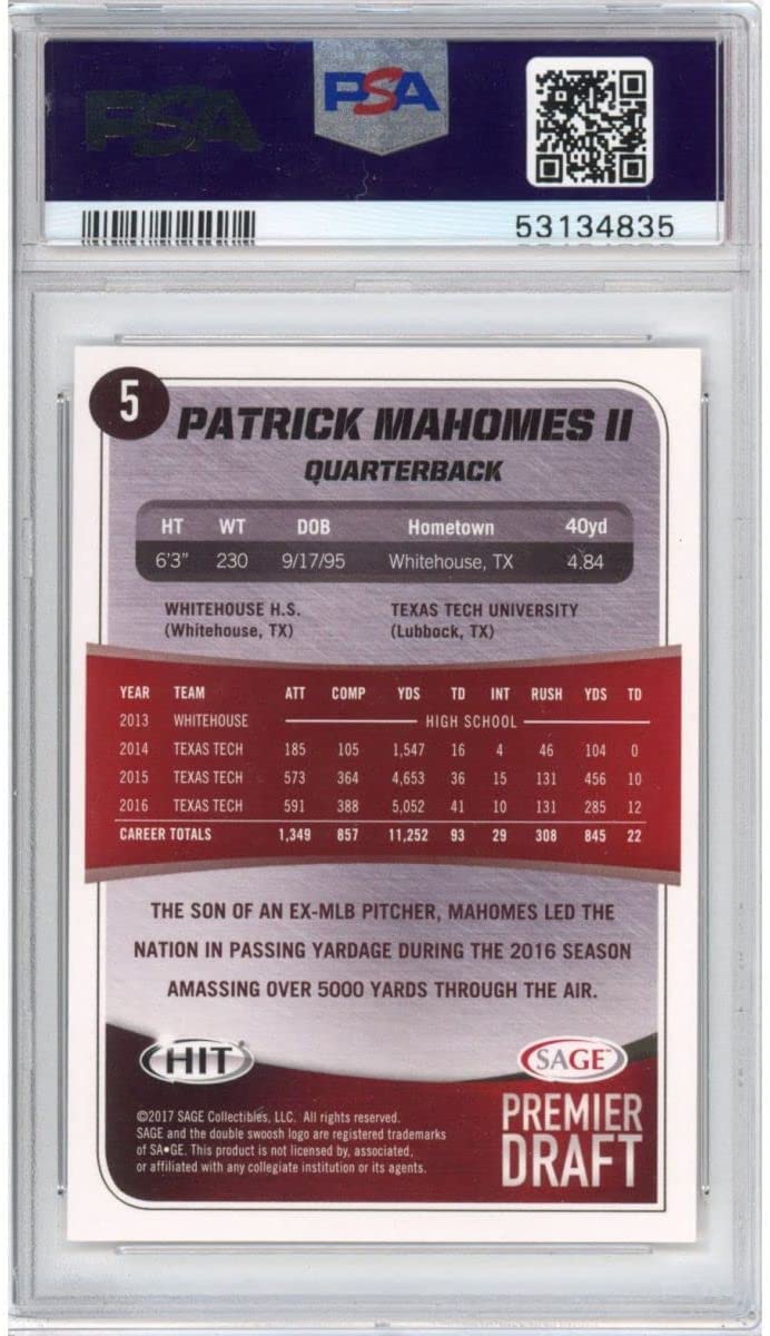 Graded 2017 Sage SA-GE Hit Patrick Mahomes II #5 Premier Draft Rookie RC Football Card PSA 10 Gem Mint