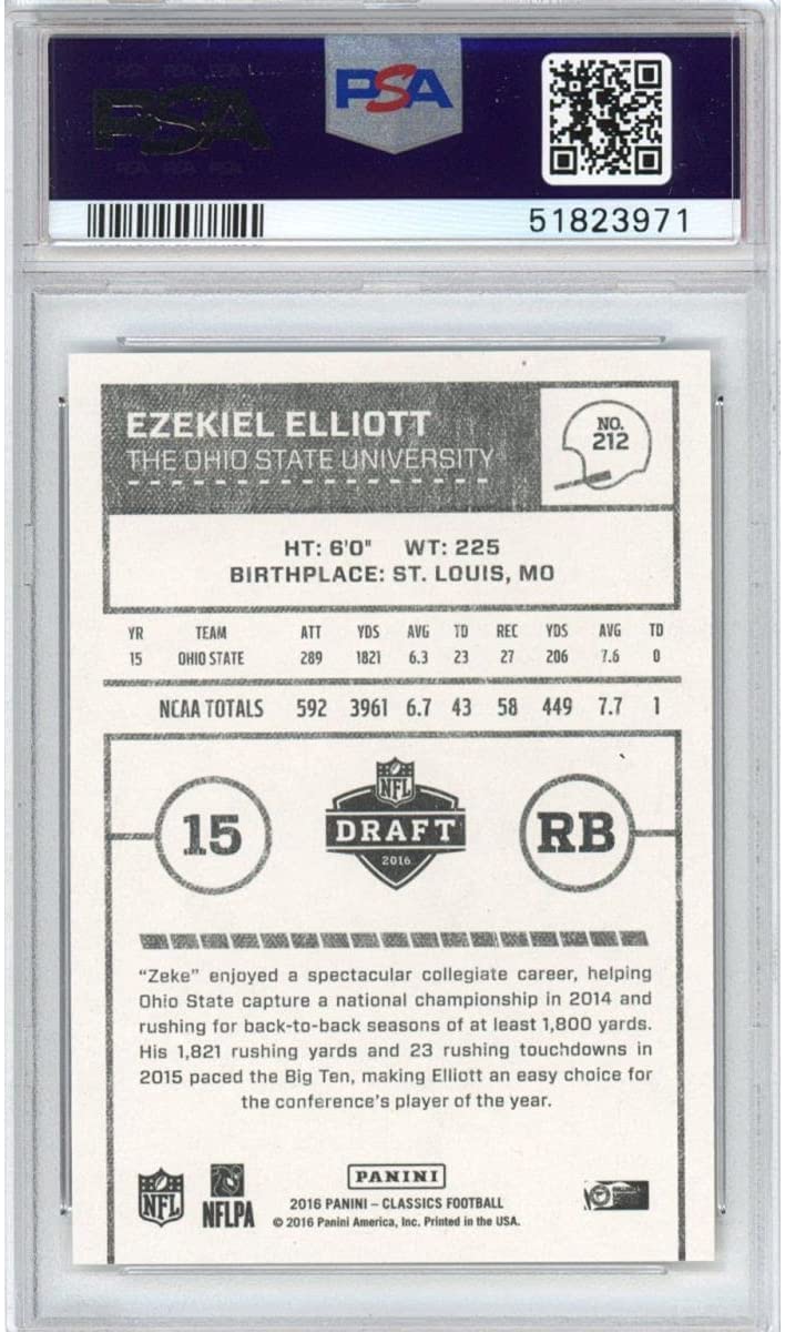 Graded 2016 Panini Classics Ezekiel Elliott #212 White Jersey Rookie RC Football Card PSA 10 Gem Mint