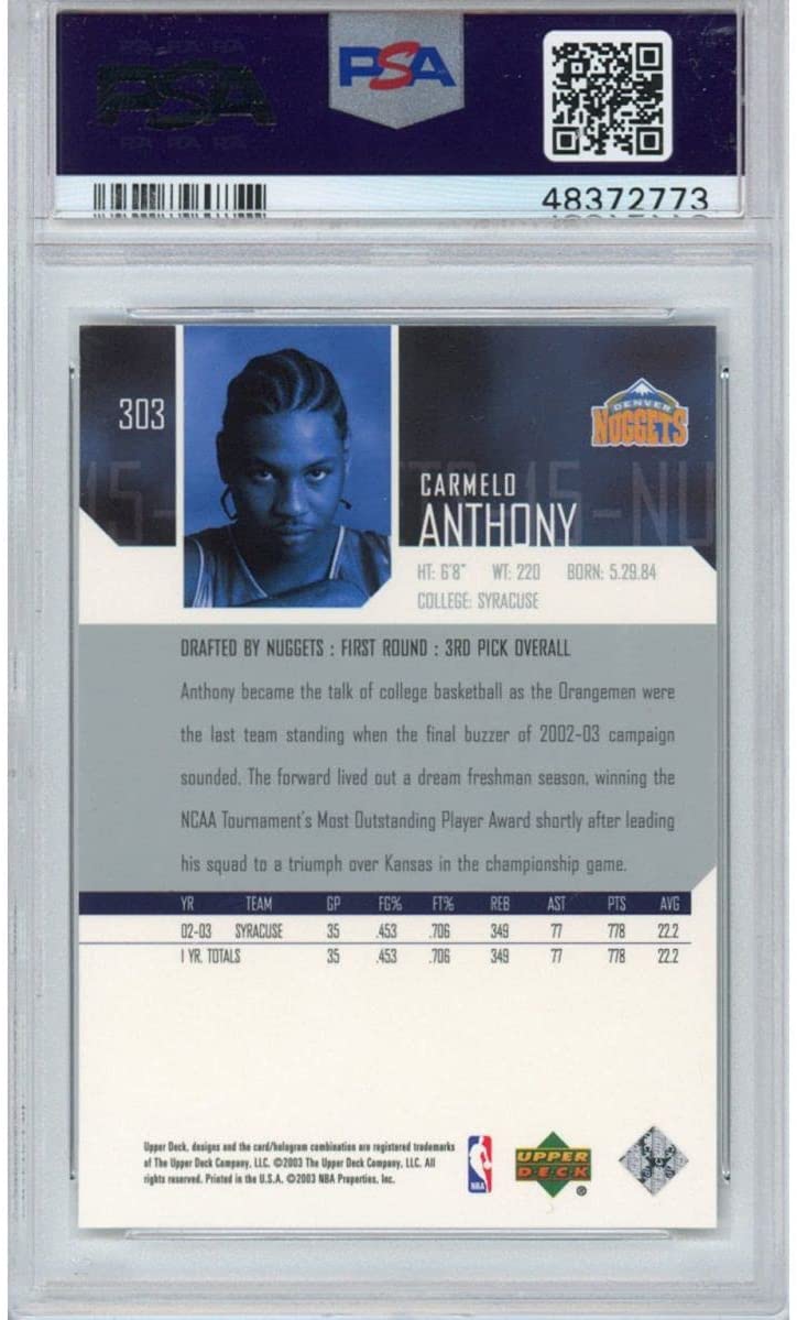 Graded 2003-04 Upper Deck UD Carmelo Anthony #303 Rookie RC Basketball Card PSA 10 Gem Mint