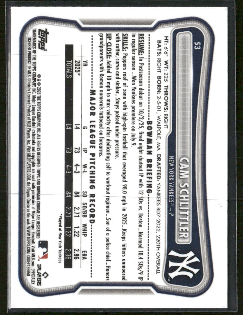 2026 Bowman Rookie Red RC Logo Cam Schlittler Rookie #53
