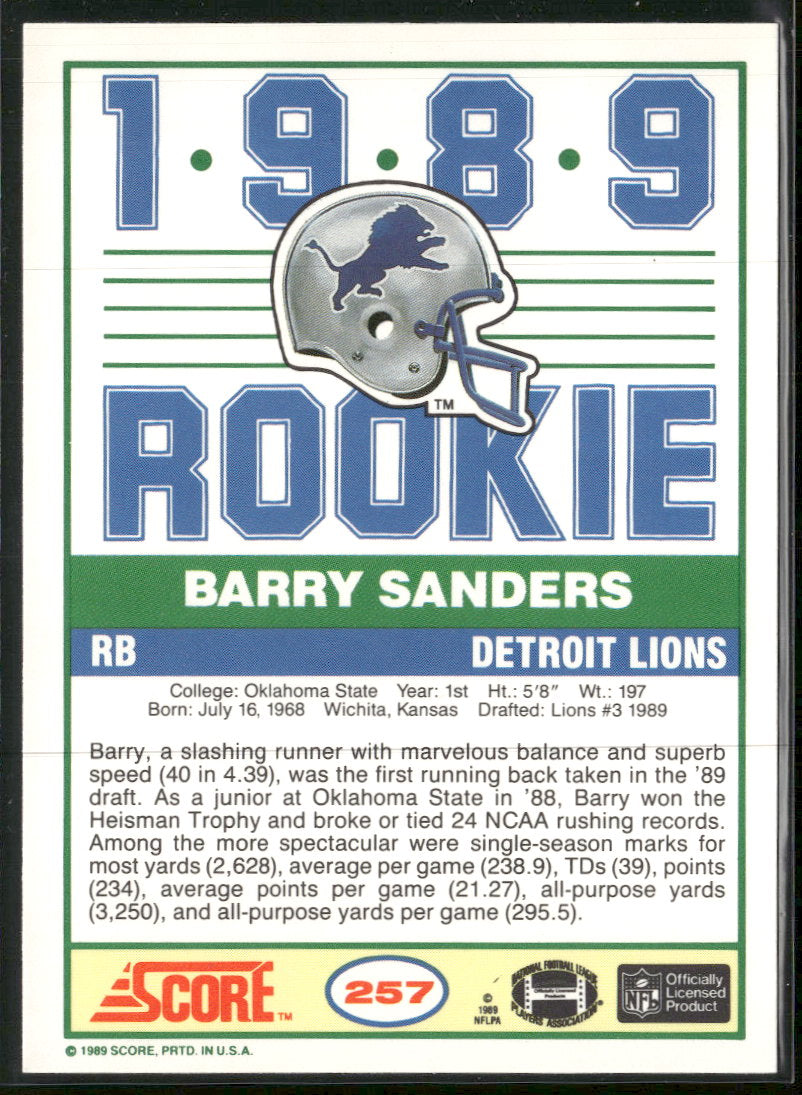 1989 Score Barry Sanders Rookie #257