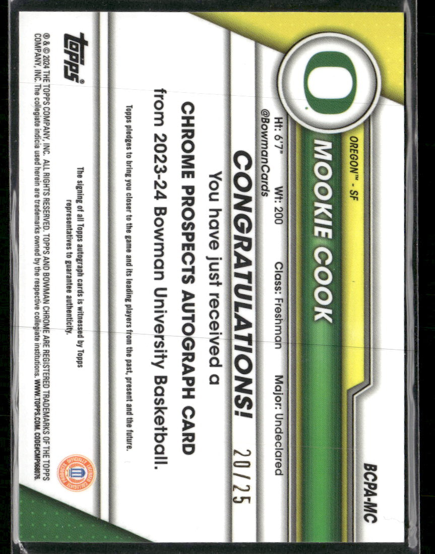2023-24 Bowman U. C. Prospects Auto Orange Refractor #/25 Mookie Cook #BCPA-MC