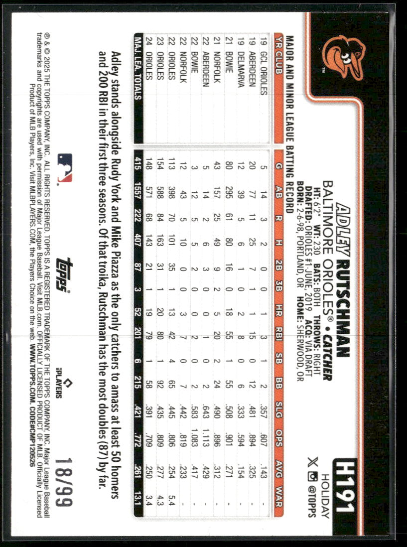 2025 Topps Holiday Purple Holiday Lights Adley Rutschman #/99 #H191