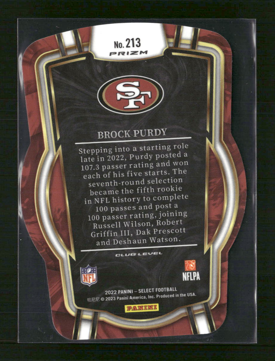 2022 Panini Select Red and Blue Prizm Die Cut Brock Purdy Rookie #213