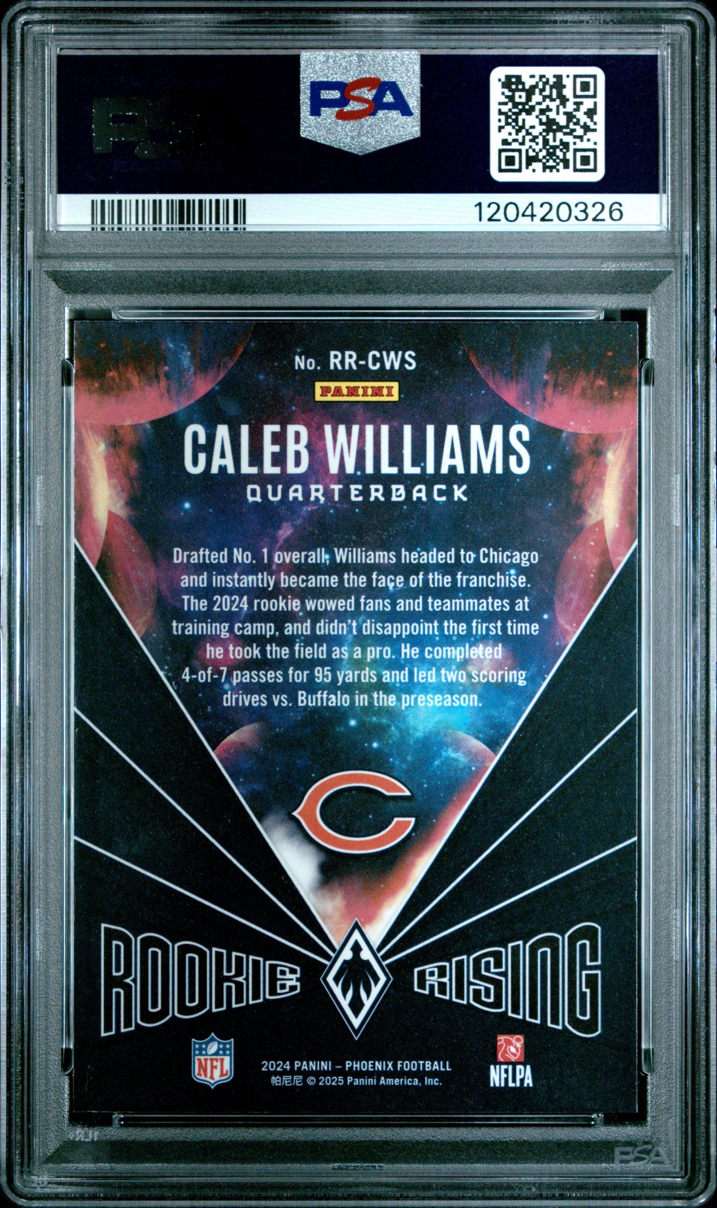 Graded 2024 Panini Phoenix Caleb Williams #RRCWS Rookie Rising Purple Rookie RC Football Card PSA 10 Gem Mint