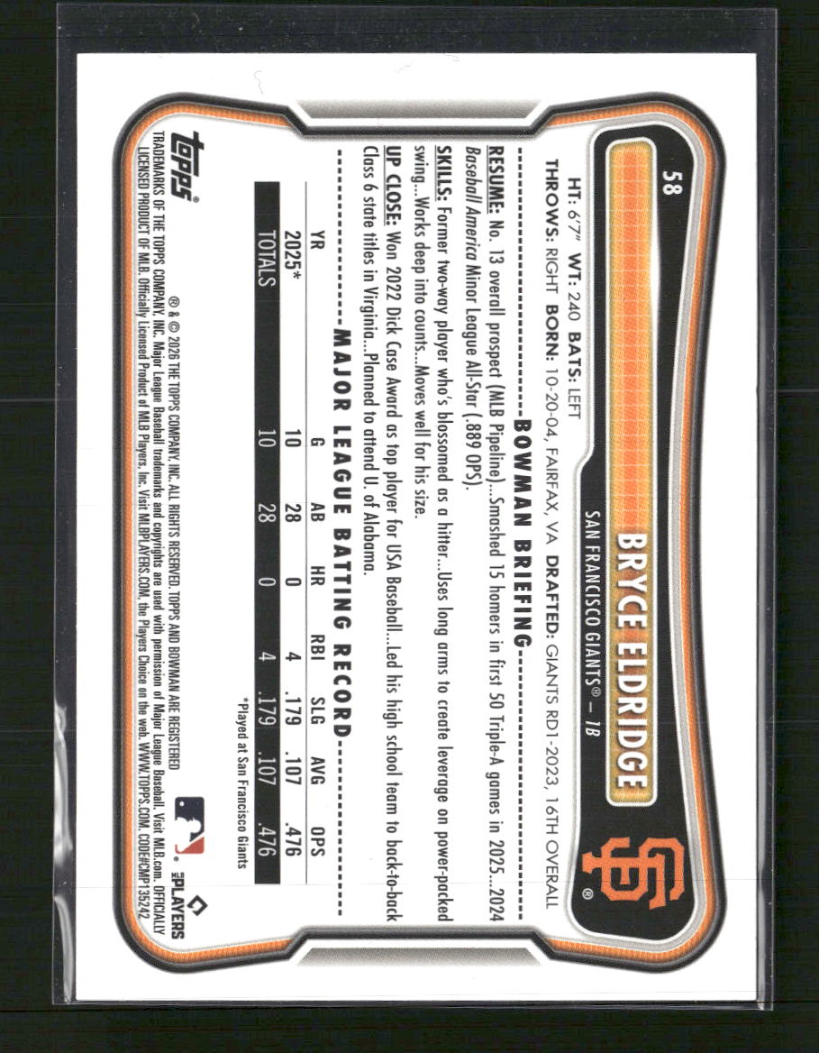 2026 Bowman Chrome Prospects Purple Bryce Eldridge Rookie #/250 #58
