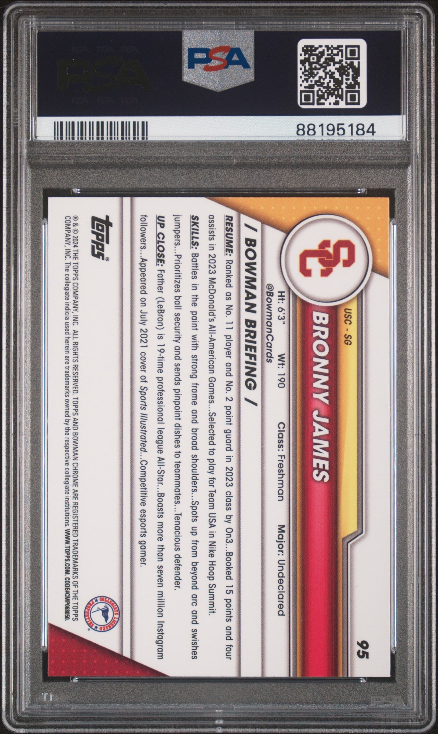 2023 Bowman University Chrome Bronny James 10 PSA #95