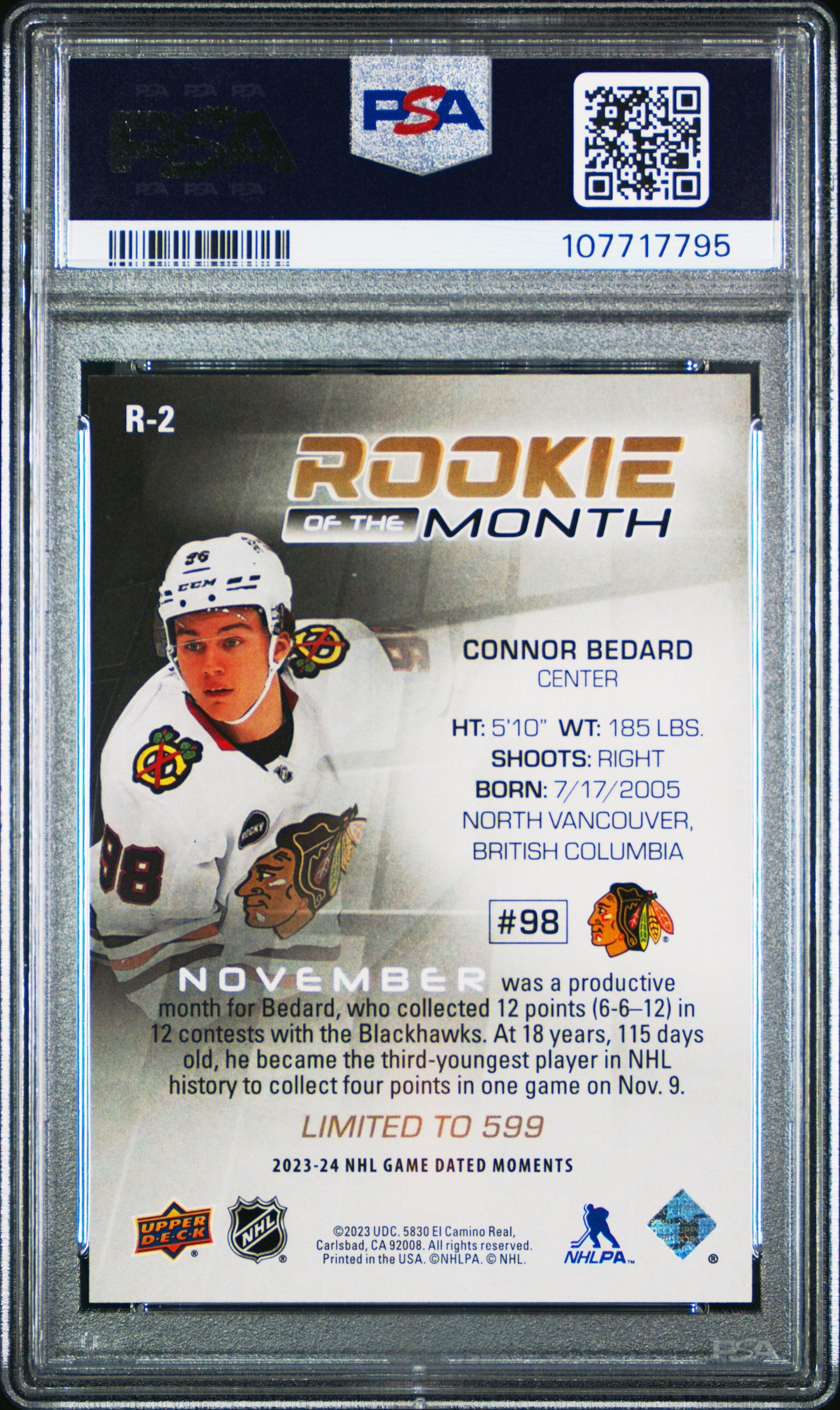 2023 Upper Deck Game Dated Moments Achievements Connor Bedard 9 PSA #R2