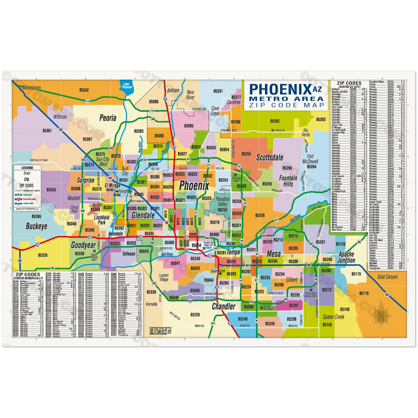 Phoenix Metro Area Zip Code Map - Zip Codes Colored - POSTER PRINTS