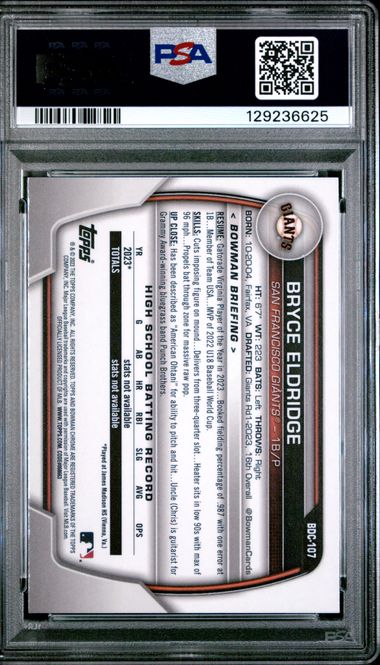 Graded 2023 Topps Bowman Draft Bryce Eldridge #BDC107 Chrome Sky Blue Refractor Rookie RC Baseball Card PSA 10 Gem Mint