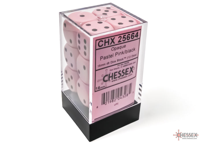 Chessex Opaque 16mm d6 Pastel Pink / black Dice Block(12 dice)