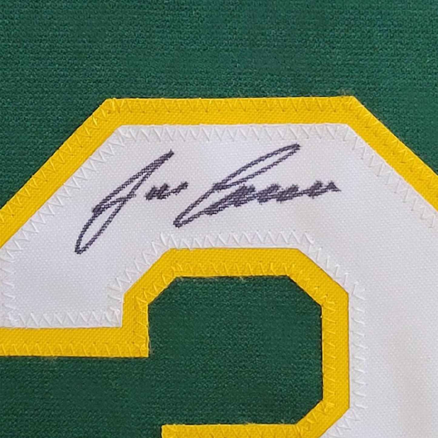 Framed Autographed/Signed Jose Canseco 35x39 Oakland Green Baseball Jersey JSA COA
