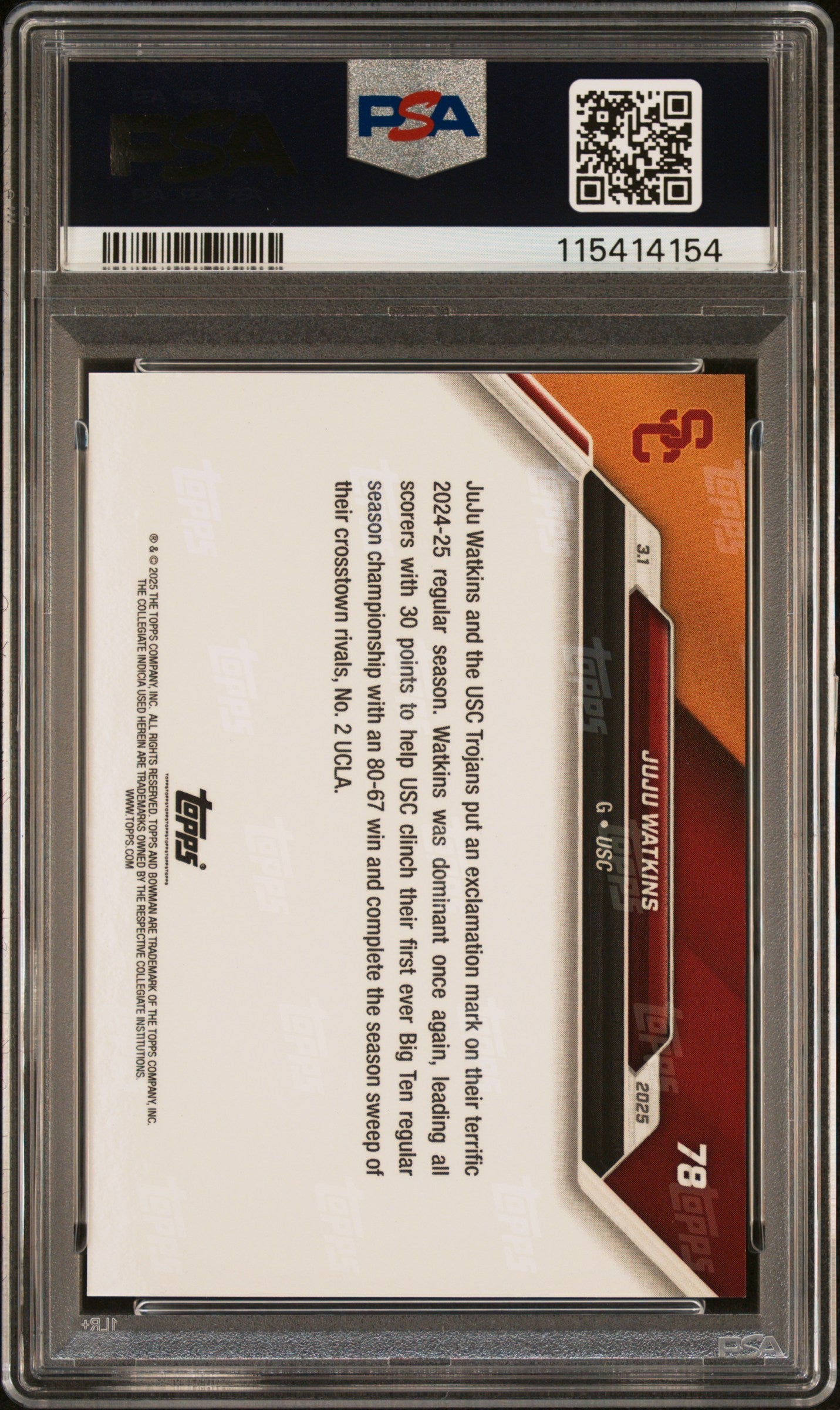 Graded 2024 Topps Bowman U Now JuJu Watkins #78 Blue /49 Rookie RC Basketball Card PSA 9 Mint