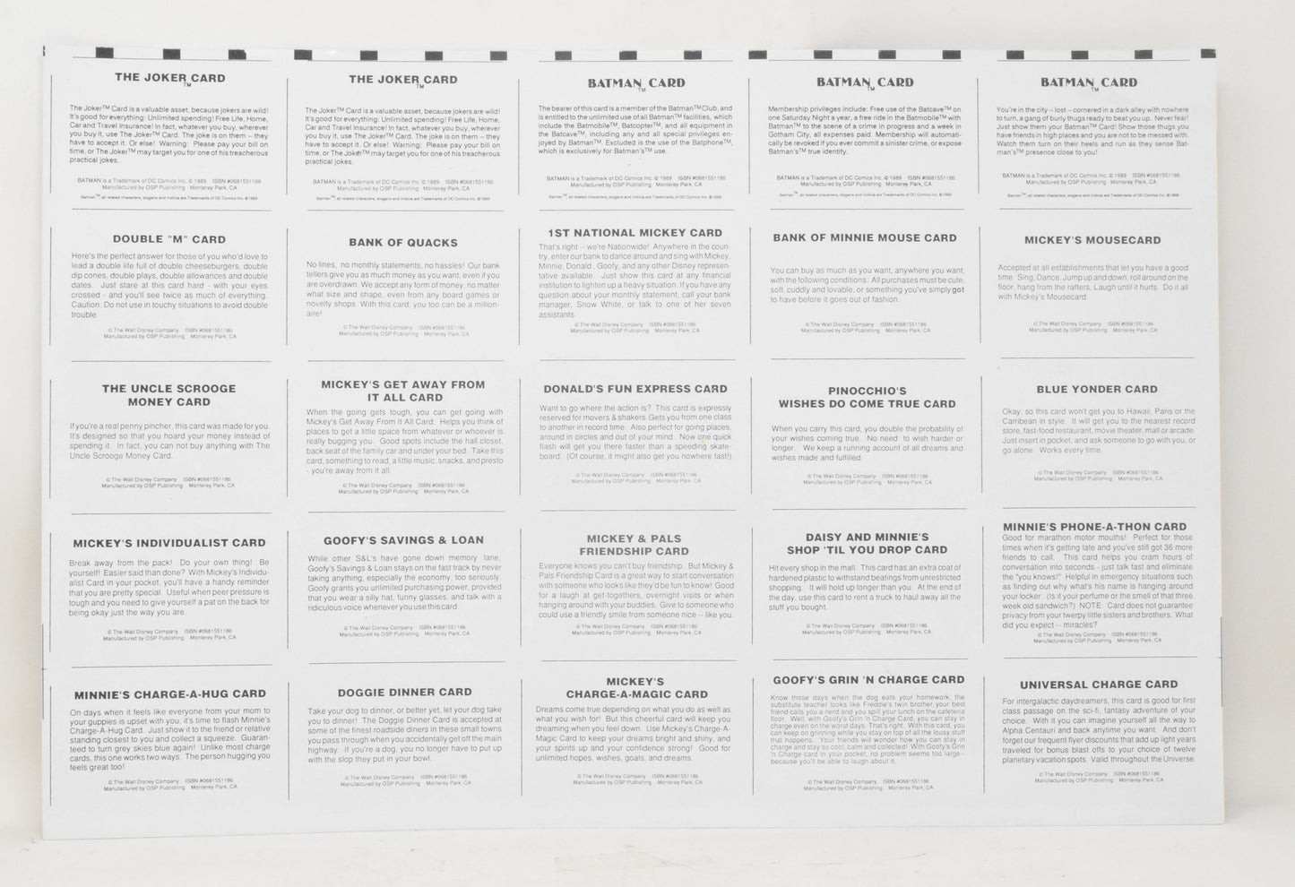 Disney OSP Faux Credit Card Joker Batman Mickey Mouse Uncut Sheet