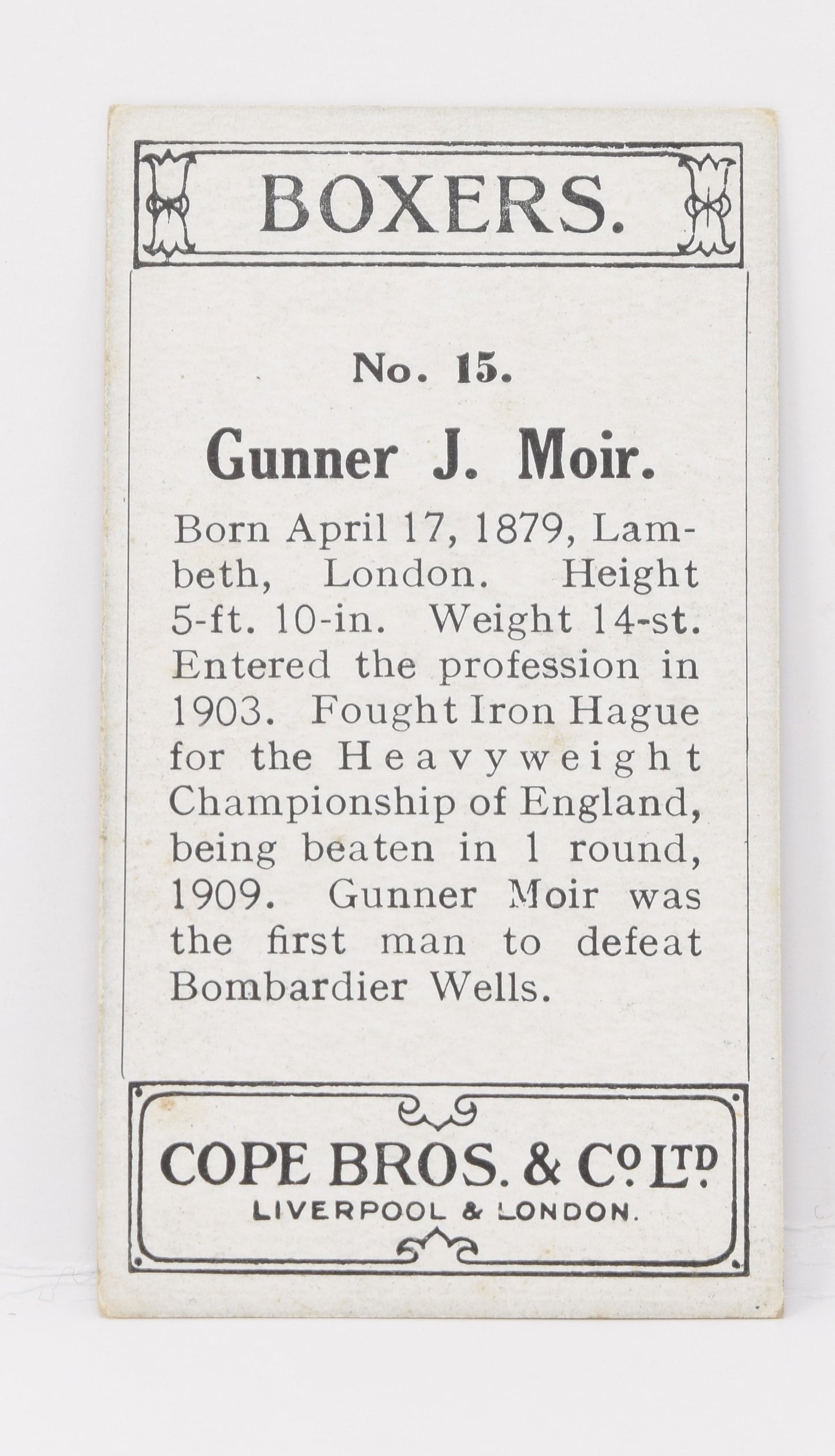 Gunner Moir #15 Cope Bros Co Boxer Boxing Trading Card 1915
