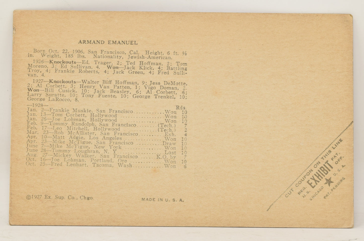 Armand Emanuel Boxing Exhibit Card Postcard Penny Arcade Photo 1927 5 x 3 - Golden Apple Comics