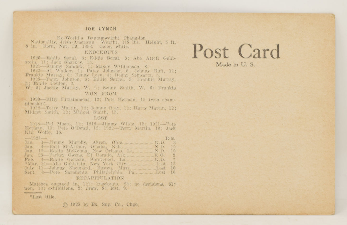 Joe Lynch Boxing Exhibit Card Postcard Penny Arcade Photo 1928 5 x 3
