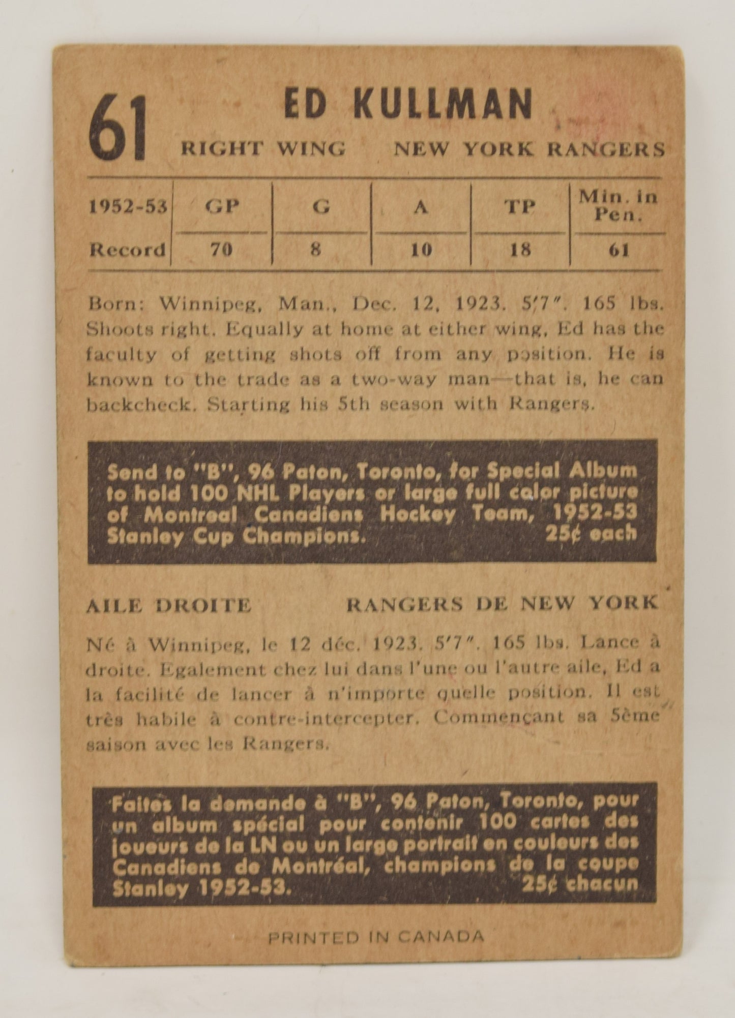 Ed Kullman Hockey Card Parkhurst 1953 1954 New York Rangers 61