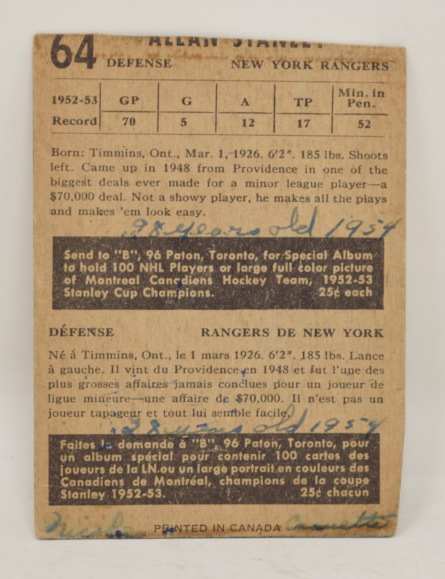 Allan Stanley Hockey Card Parkhurst 1953 1954 New York Rangers 64