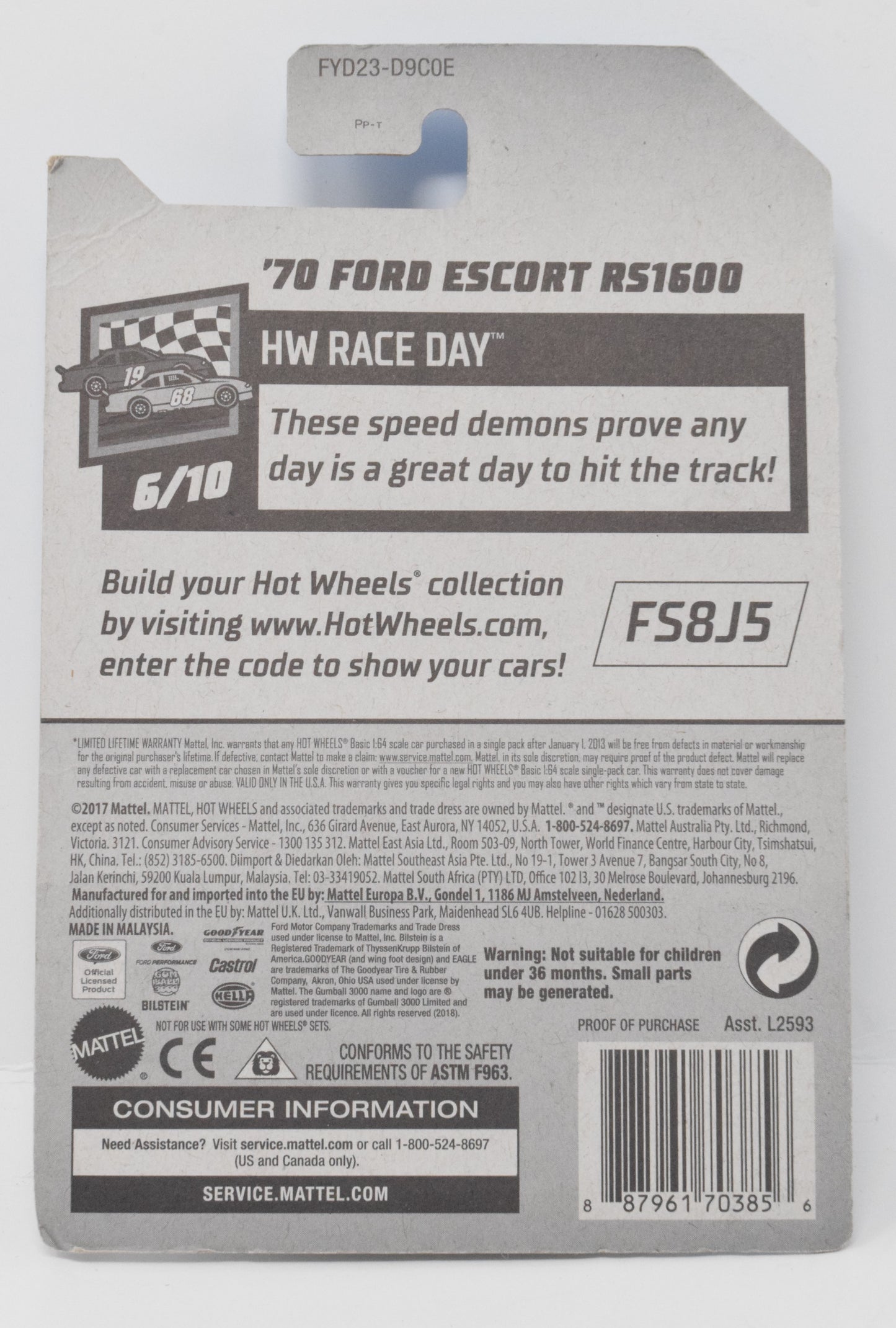 Hot Wheels 70 Ford Escort RS1600 HW Race Day Diecast Car White 6/10 102 New