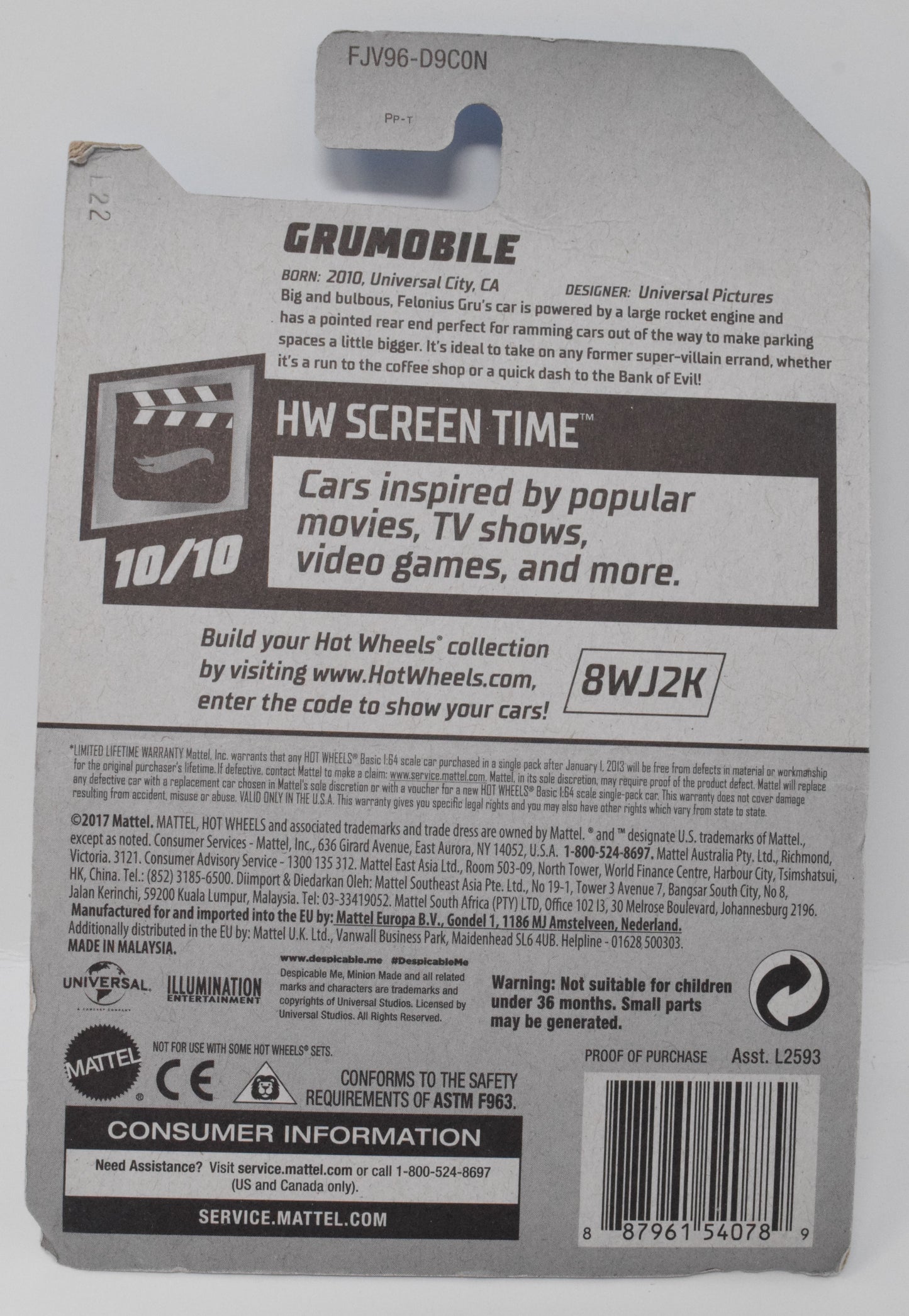 Hot Wheels Grumobile Dispicable Me HW ScreenTime 10/10 296 DieCast Car New