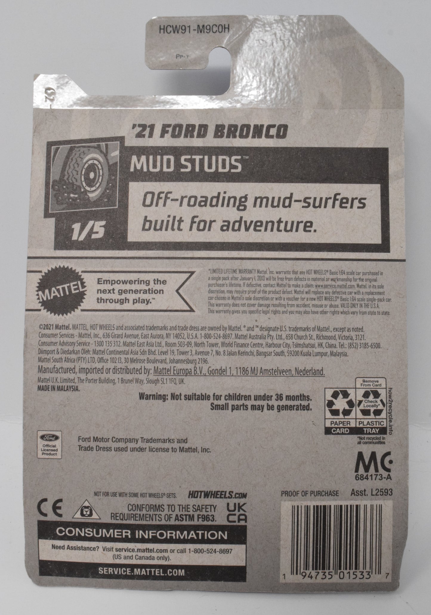 Hot Wheels 21 Ford Bronco Mud Studs Red 1/5 68 DieCast Car New