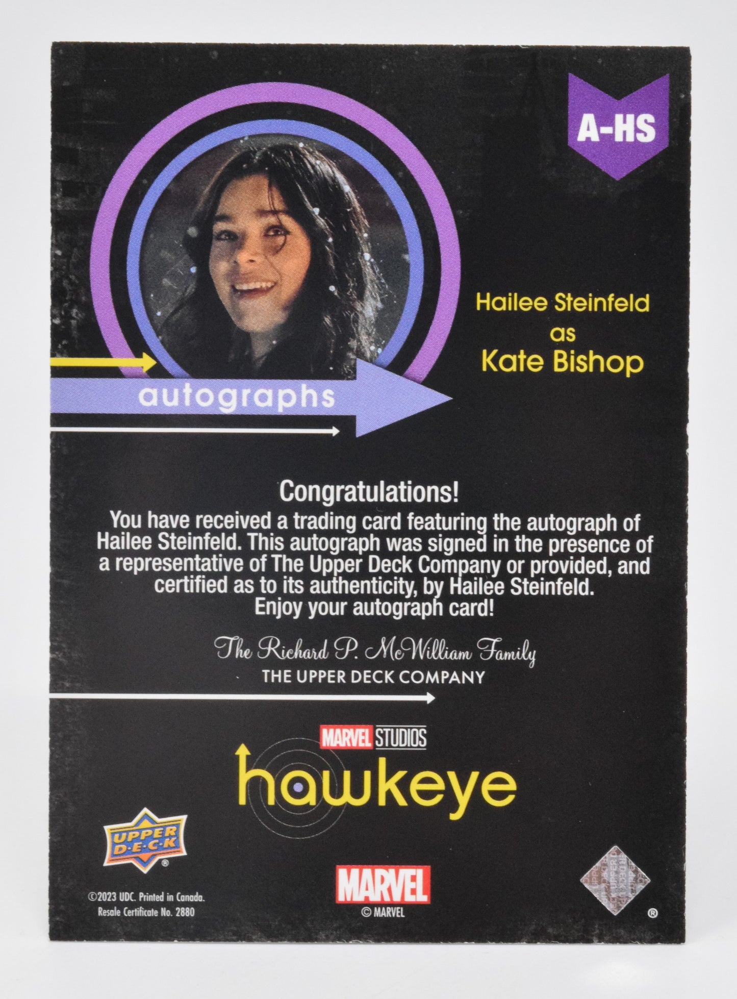 Hawkeye Kate Bishop Hailee Steinfeld Autograph Card Marvel Upper Deck 2023 A-HS