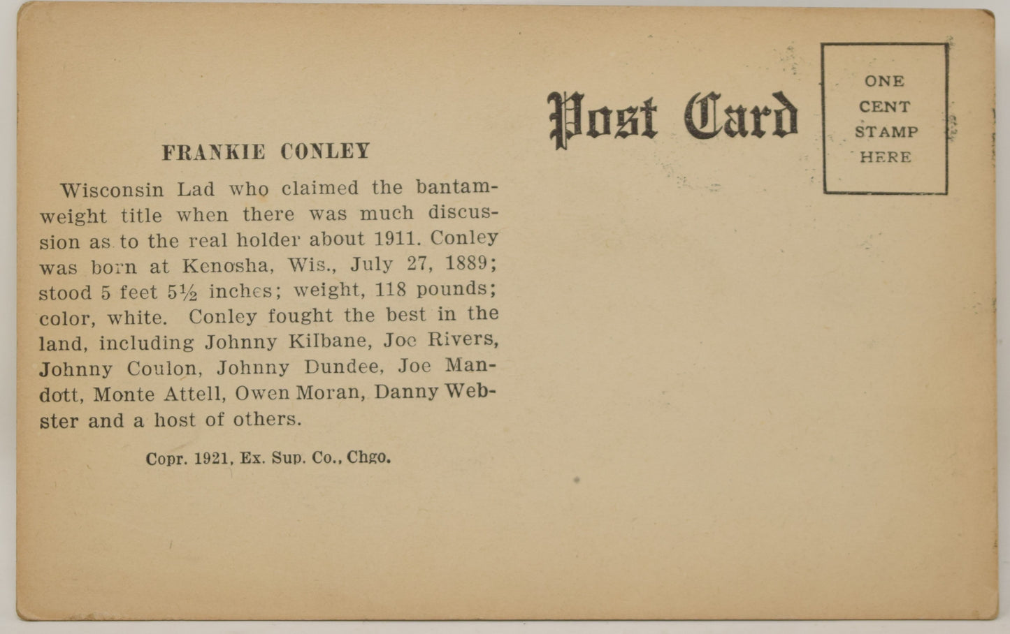 Frankie Conley Boxing Exhibit Card Postcard Photo 1921 5 x 3 - Golden Apple Comics