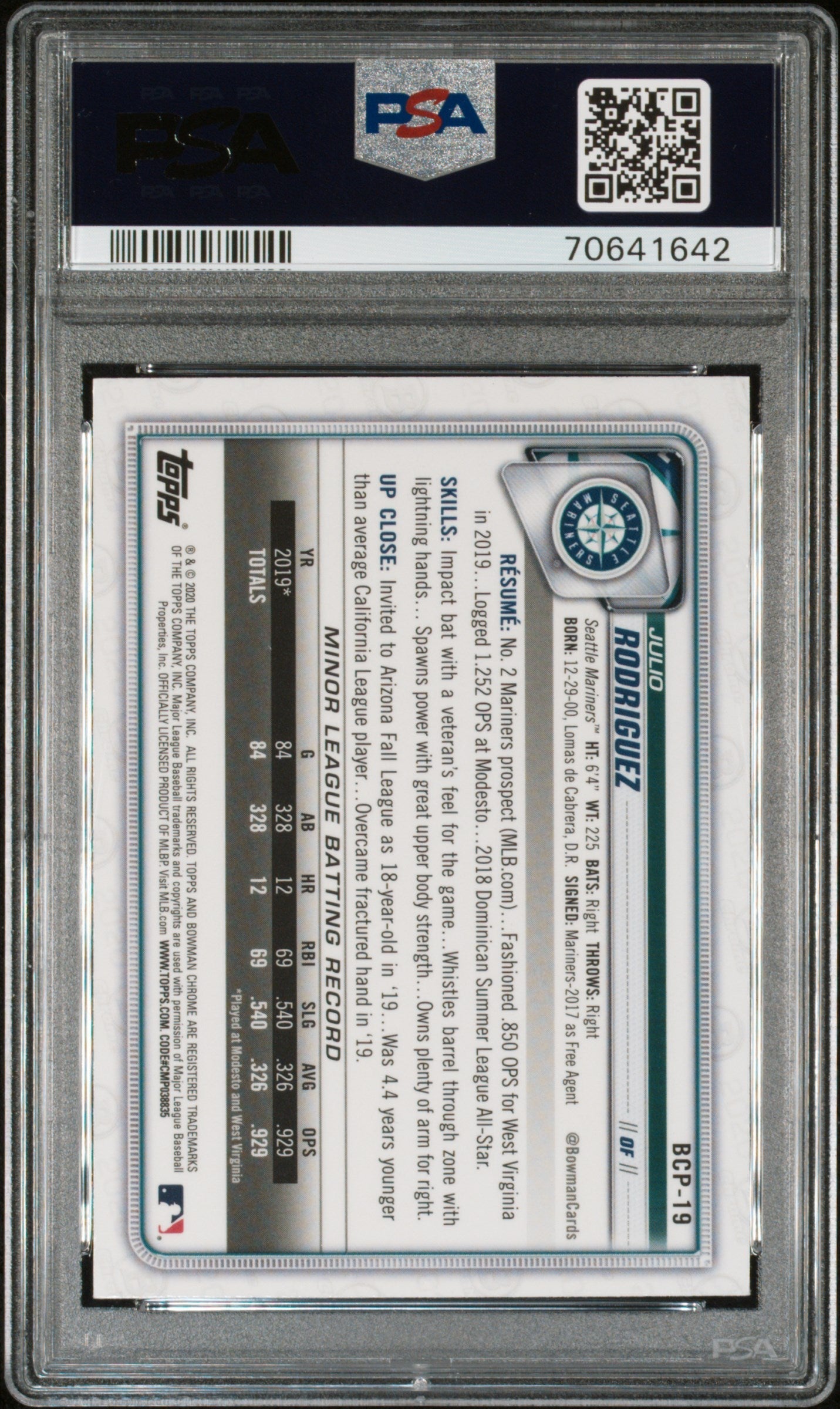 Graded 2020 Topps Bowman Chrome Julio Rodriguez #BCP19 Megabox Rookie RC Baseball Card PSA 10 Gem Mint