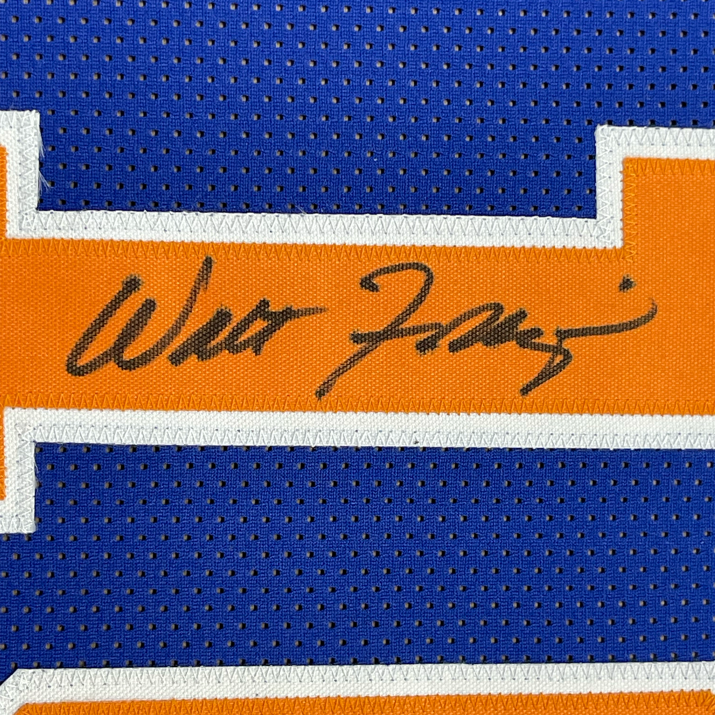 Framed Autographed/Signed Walt Frazier 35x39 New York Blue Basketball Jersey PSA/DNA COA