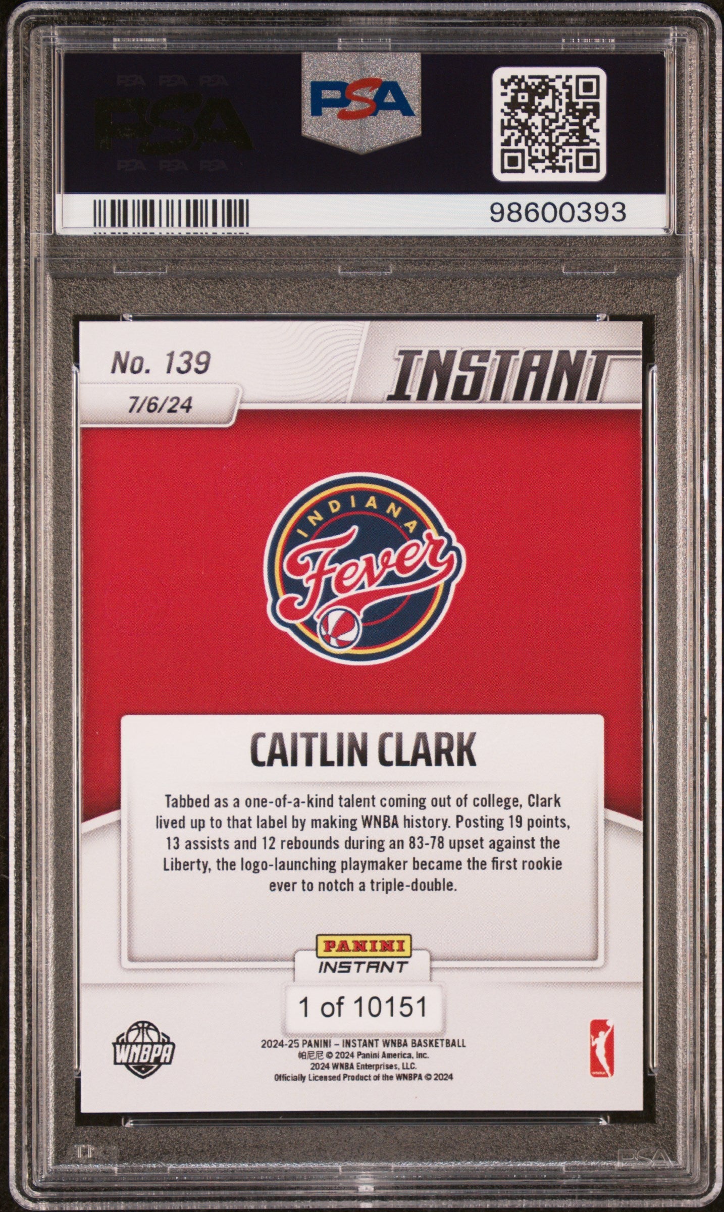 Graded 2024 Panini Instant WNBA Caitlin Clark #139 First Rookie With Triple Double Rookie RC Basketball Card PSA 9 Mint