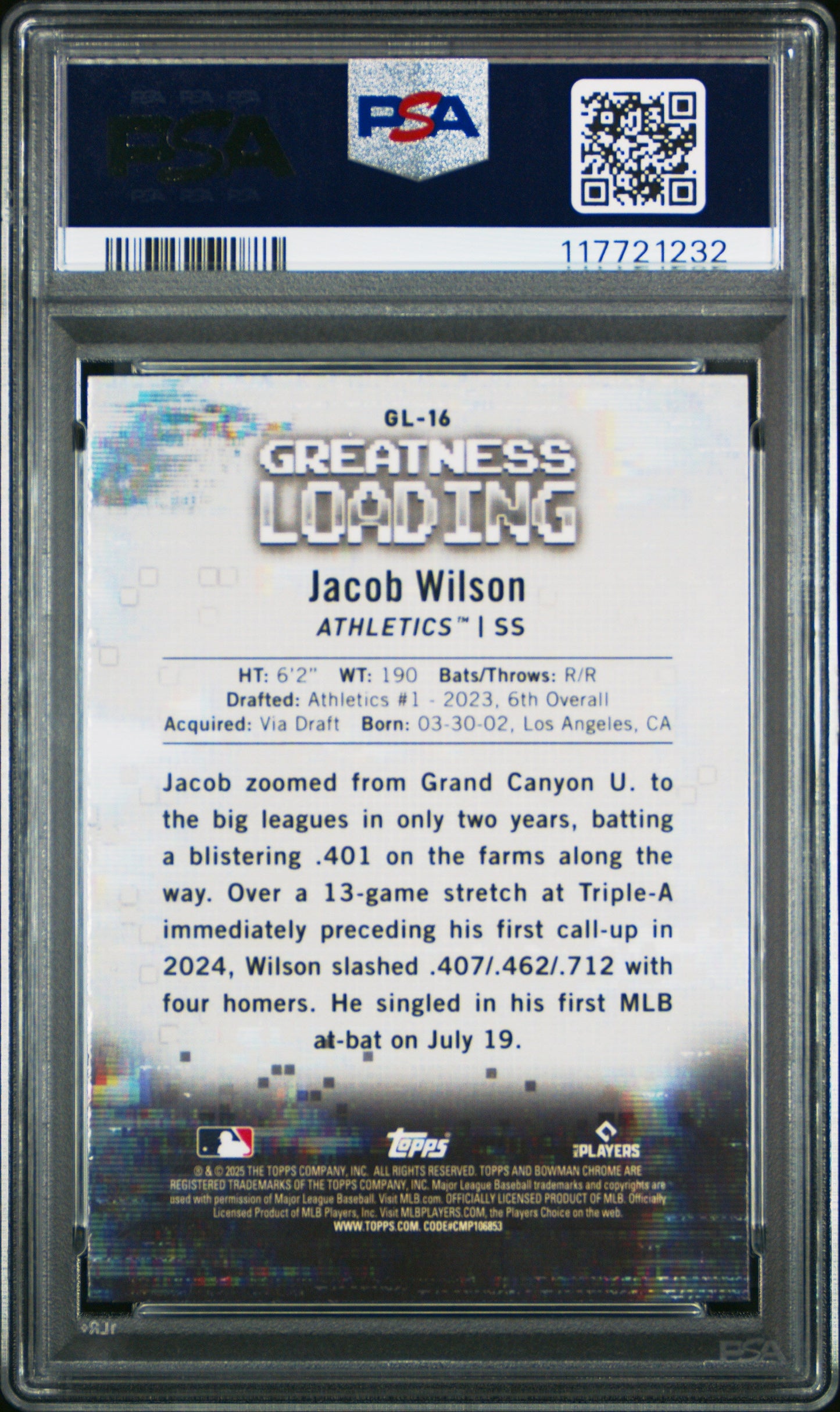 Graded 2025 Topps Bowman Jacob Wilson #GL16 Greatness Loading Rookie RC Baseball Card PSA 10 Gem Mint - Golden Apple Comics