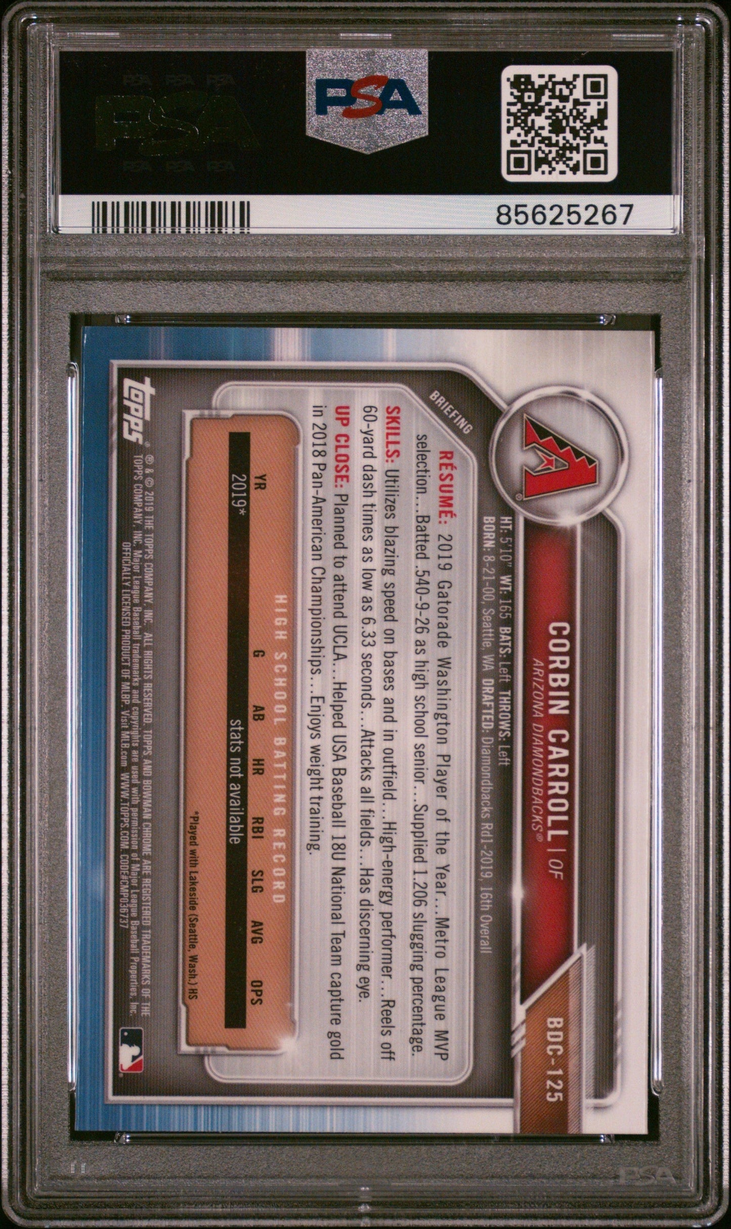 Graded 2019 Topps Bowman Draft Corbin Carroll #BDC125 Chrome Rookie RC Baseball Card PSA 9 Mint