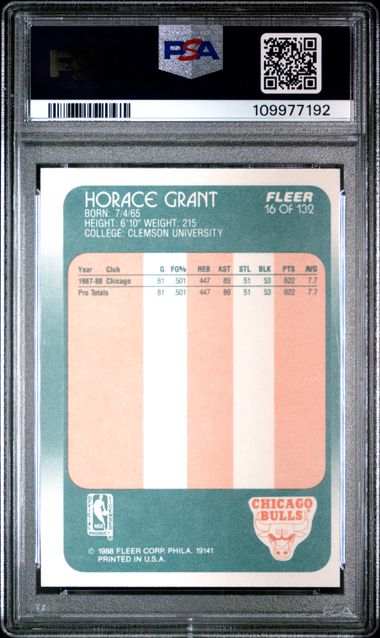 Graded 1988 Fleer Horace Grant #16 Rookie RC Basketball Card PSA 8 NM-MT